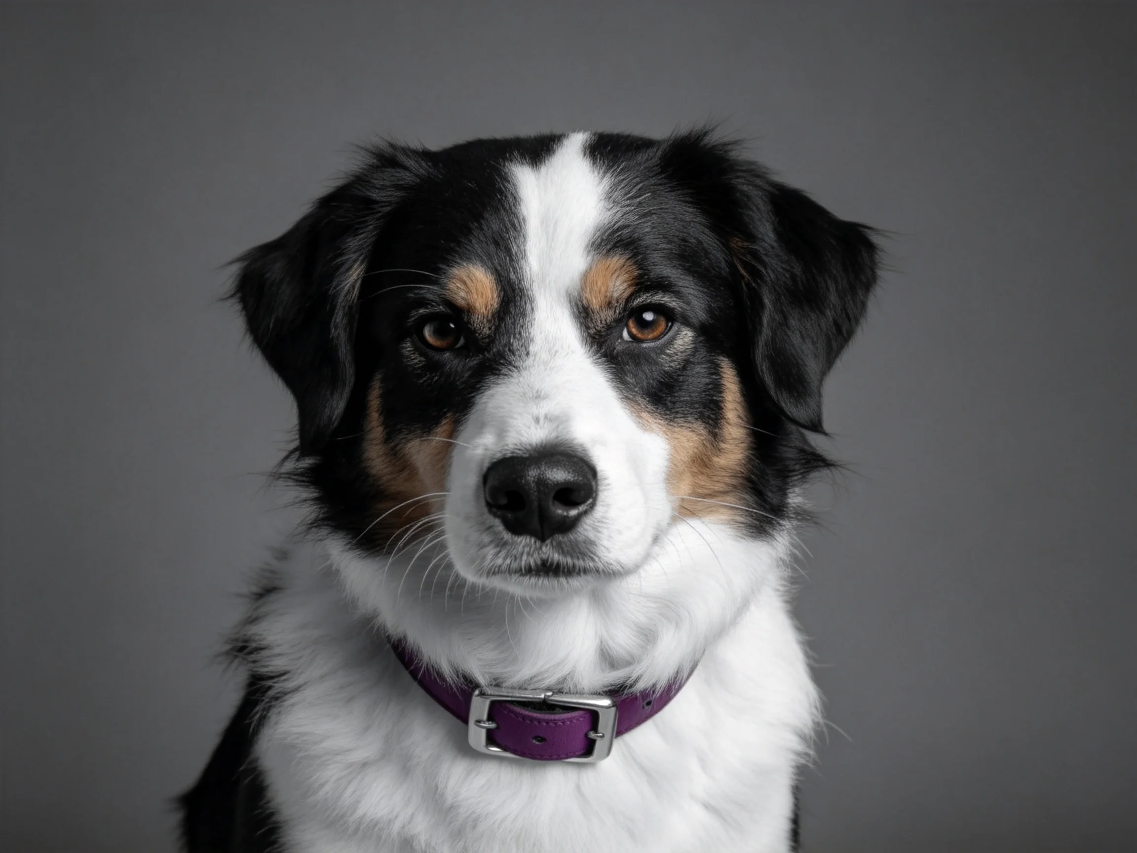 一只黑白棕相间的边境牧羊犬正安静注视镜头,面部有白色条纹,佩戴紫色皮质项圈。