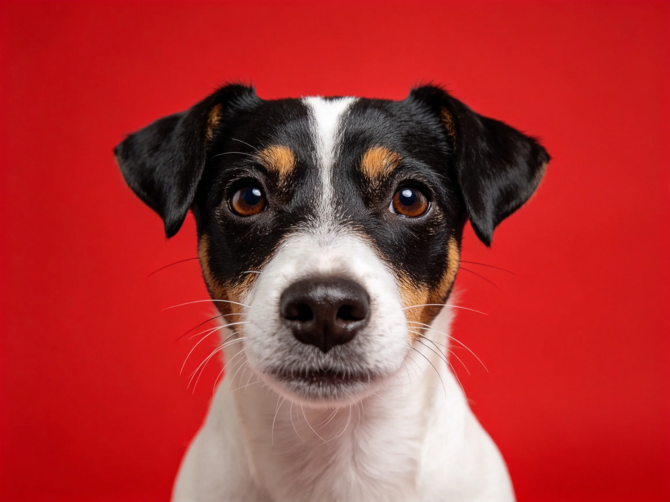 一只杰克罗素梗犬正注视着镜头,它有着黑白棕相间的毛发,黑色的耳朵竖立,眼神专注。