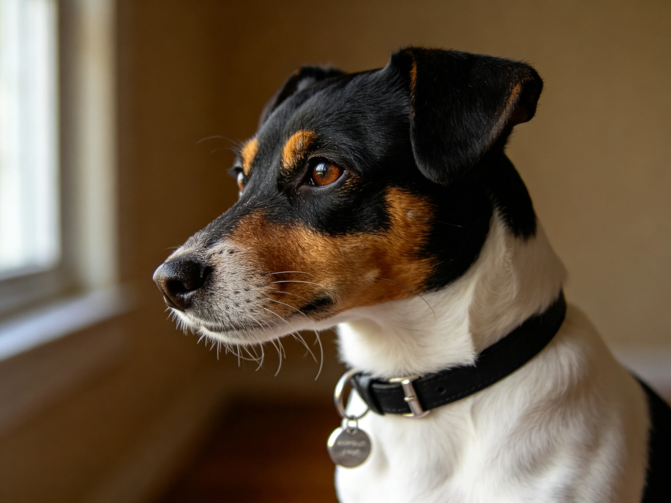室内窗边的杰克罗素梗犬,黑棕白相间的被毛,目光看向窗外,耳朵竖立。