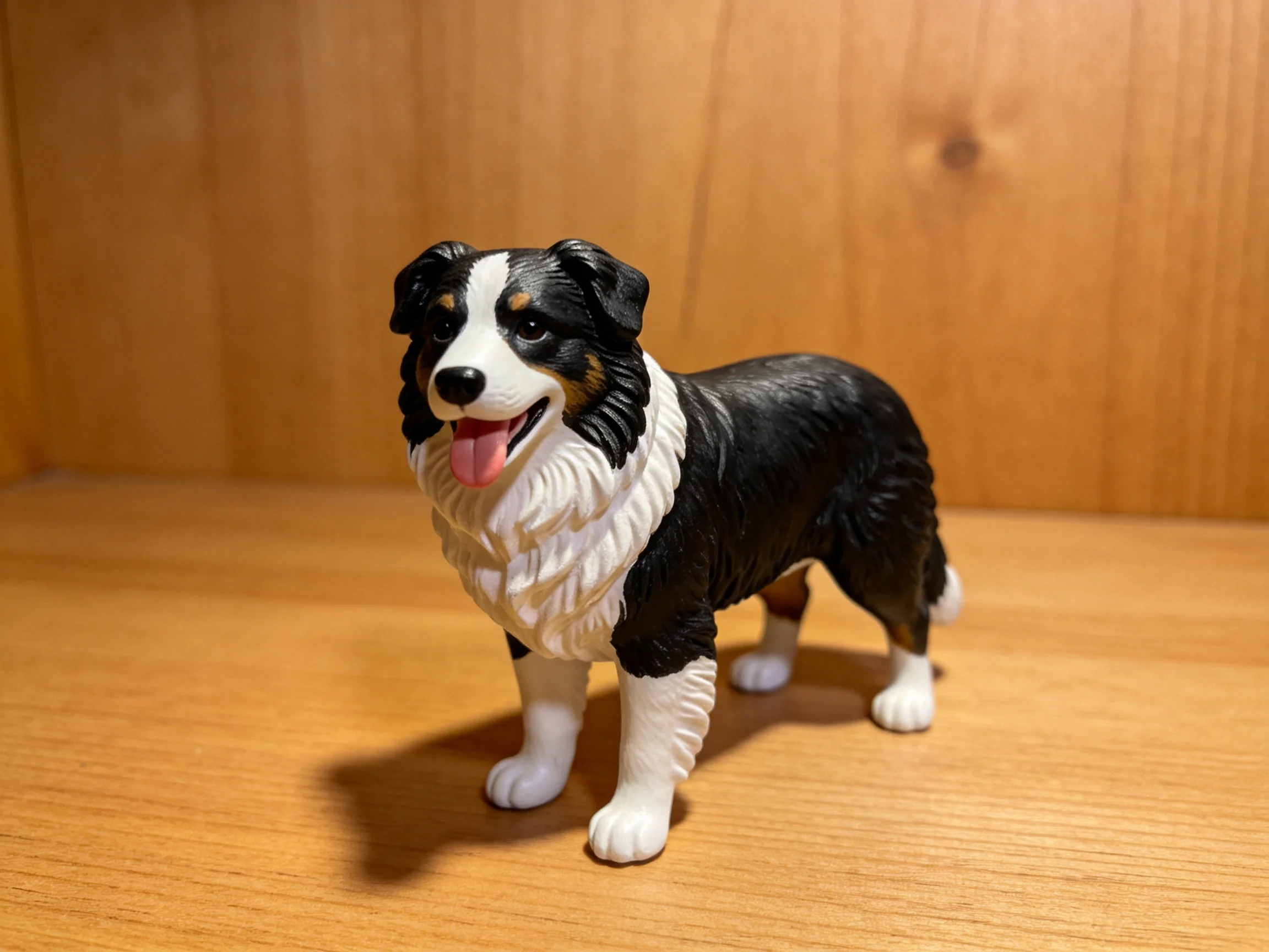 三色边境牧羊犬模型,黑白棕相间的毛发,嘴巴张开露出粉红色舌头。