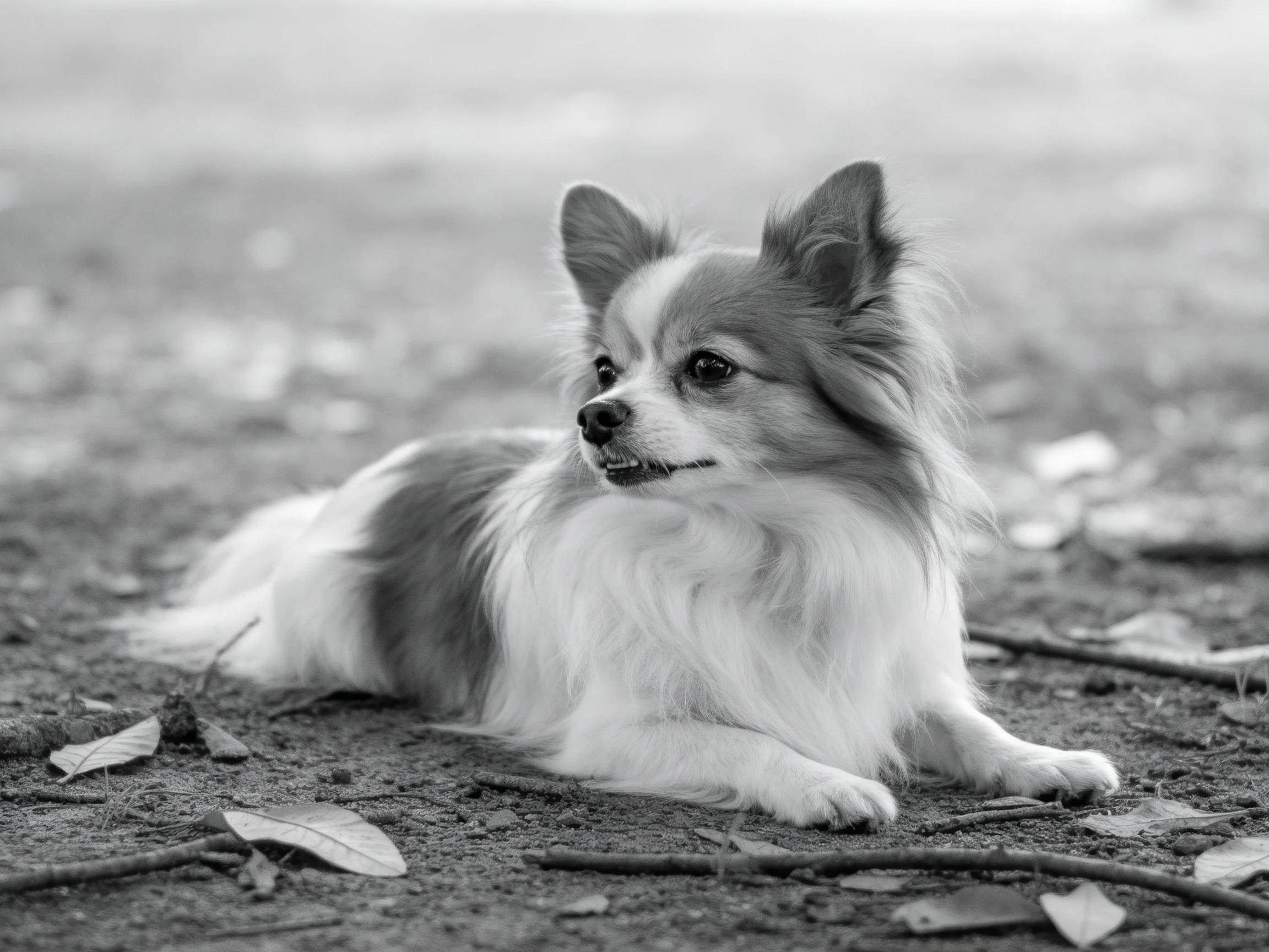 博美犬安静躺卧在泥土地面，毛发蓬松，眼部周围有明显的深色毛发特征。