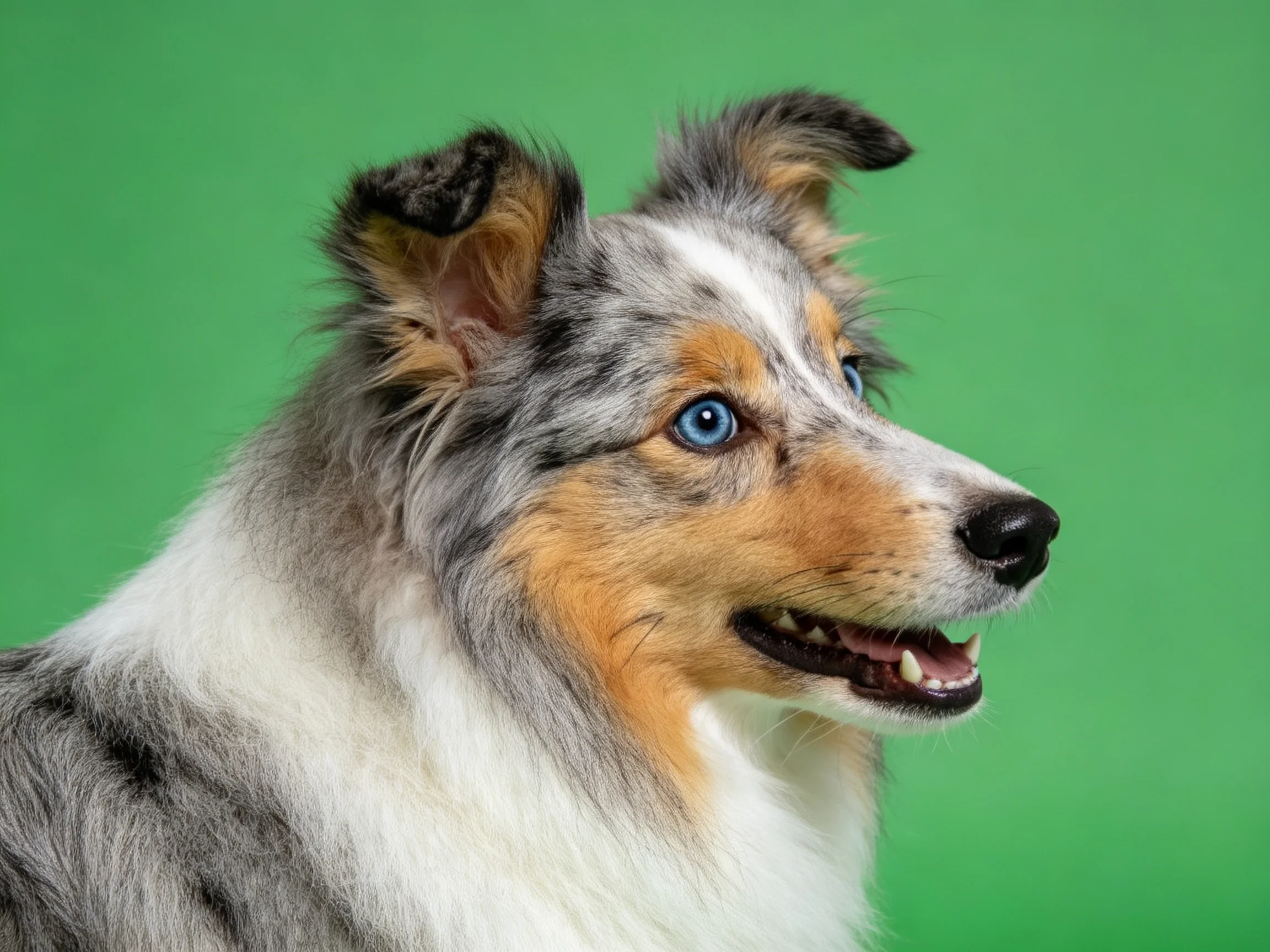 三色苏格兰牧羊犬有着蓝色眼睛,毛发蓬松且带有纹理。