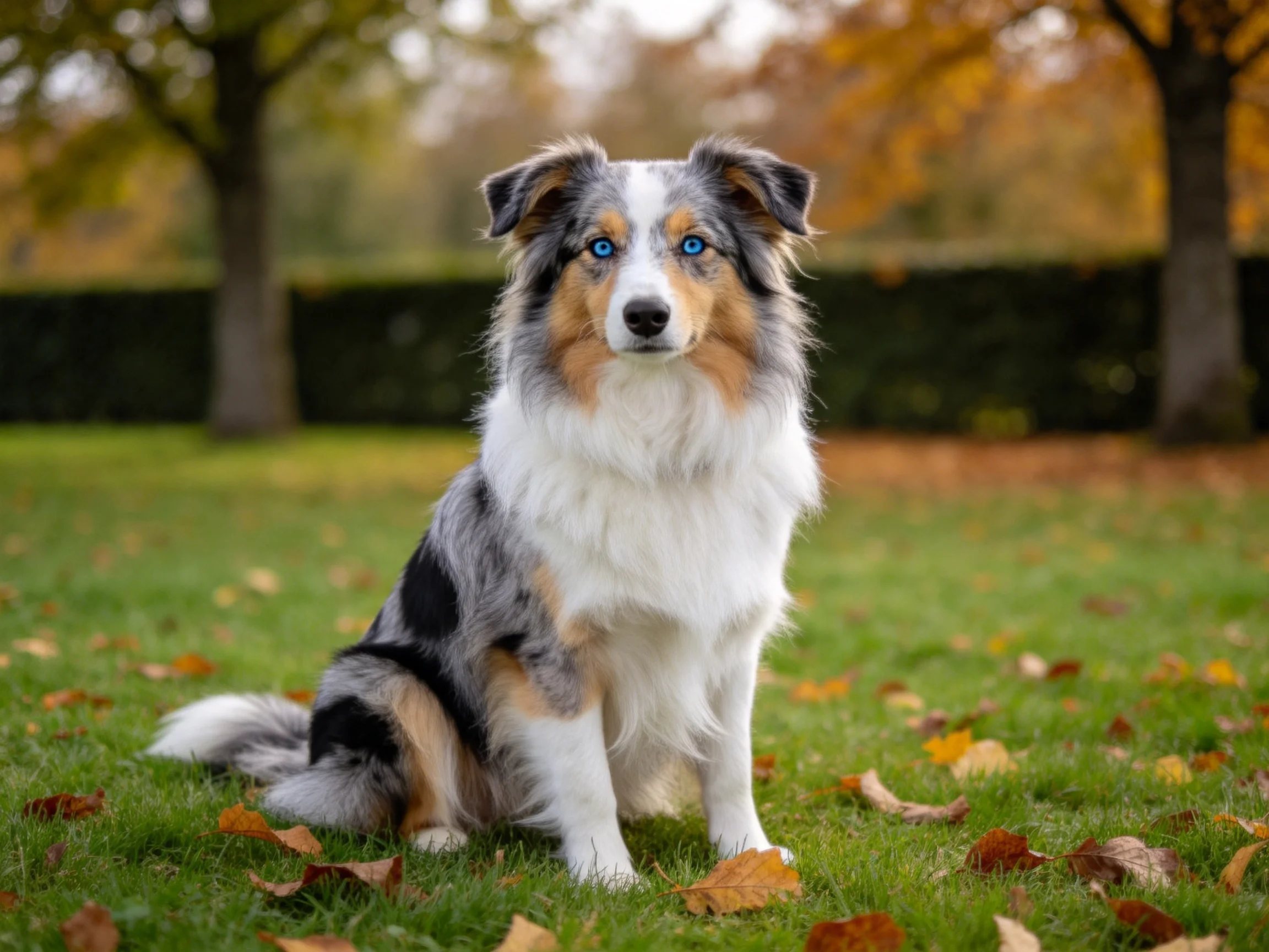 澳大利亚牧羊犬安静地坐在秋日草地上,拥有明亮的蓝色眼睛和蓬松的三色毛发。