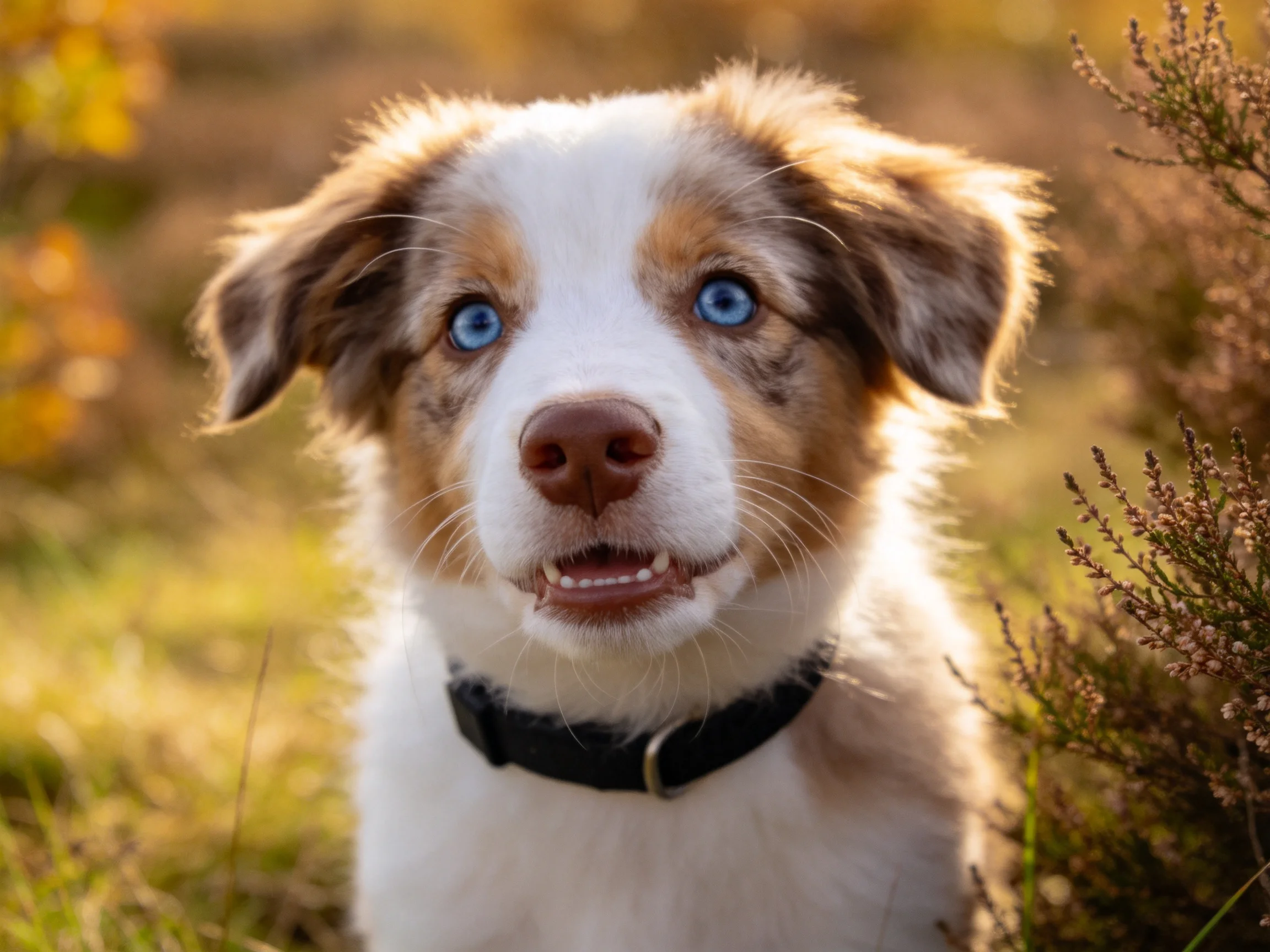 一只澳大利亚牧羊犬幼犬,拥有蓝色眼睛和白棕相间被毛,佩戴黑色项圈。