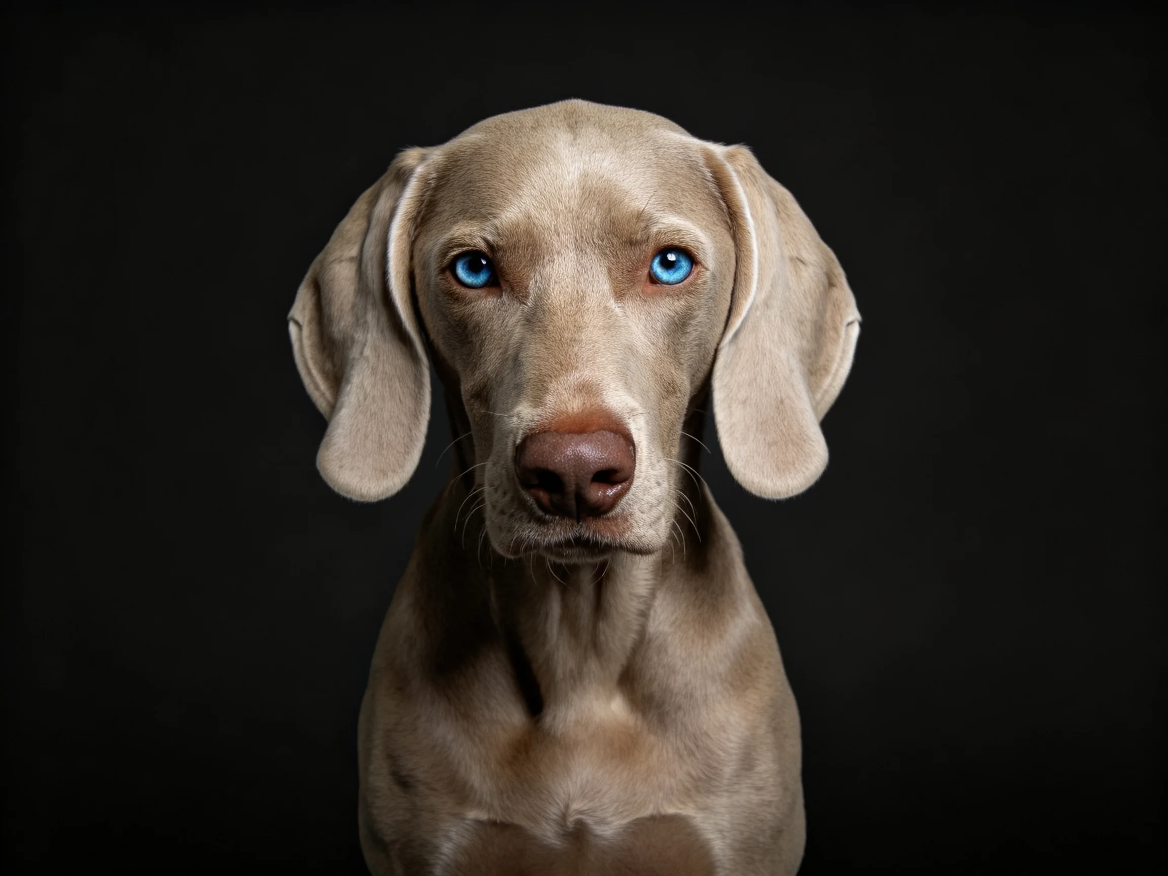 一只魏玛猎犬,拥有银灰色被毛和蓝色眼睛,正注视着镜头。