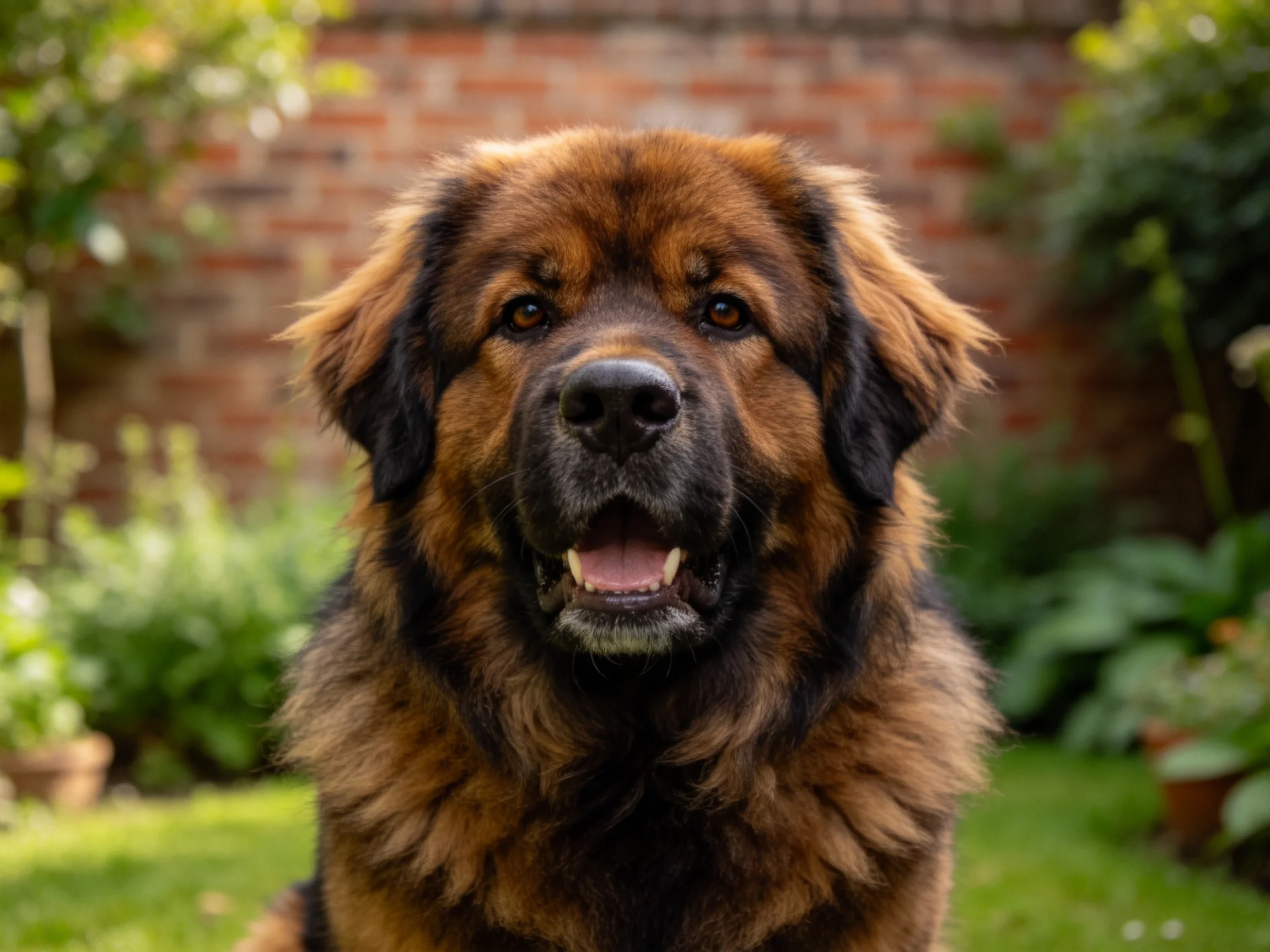 狮恩巴格犬有着浓密的毛发,红棕色与黑色相间,嘴巴微张露出牙齿。
