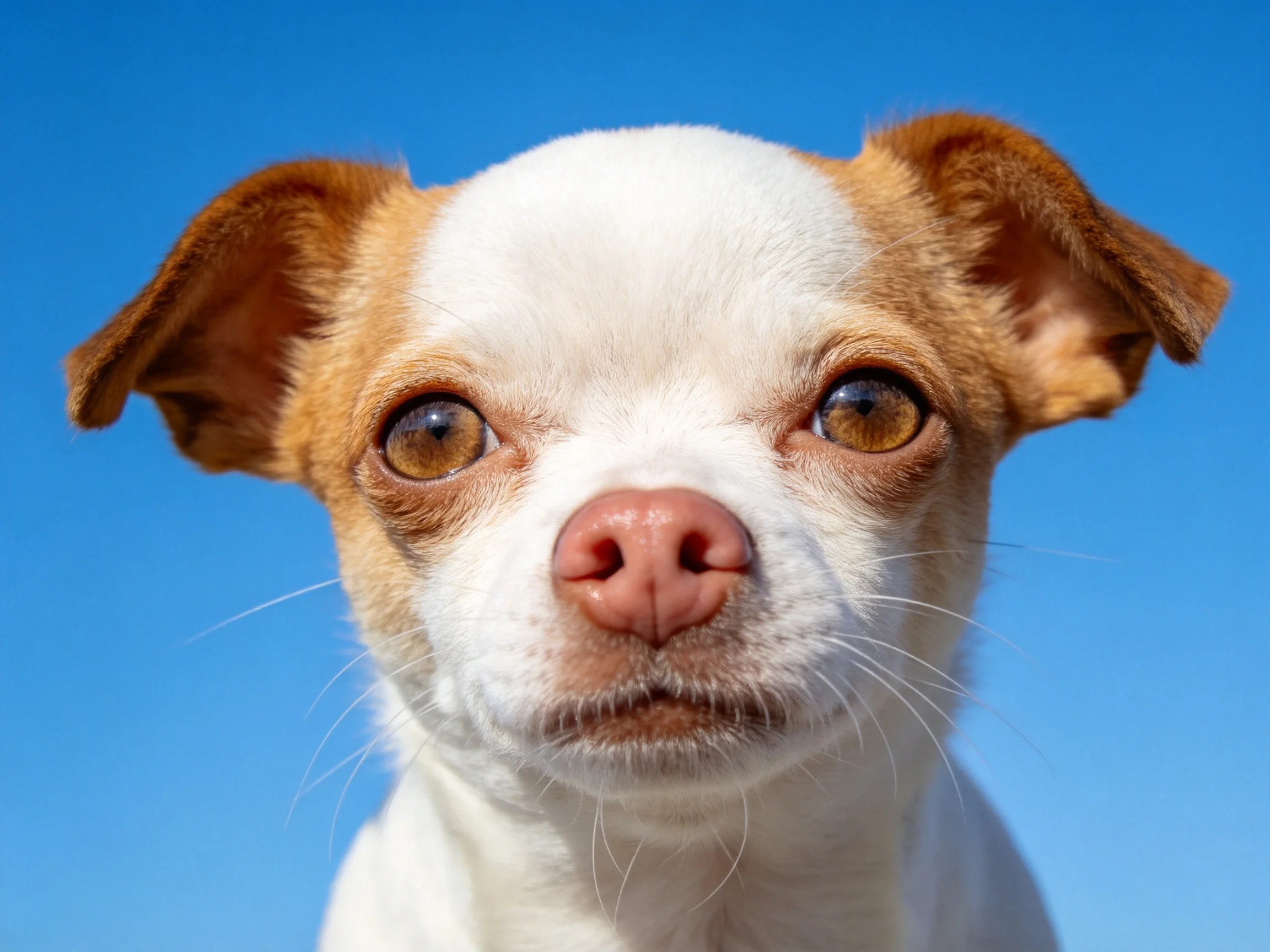 吉娃娃犬在蓝天背景下呈现特写画面,眼睛明亮,白色与浅棕色毛发清晰可见。