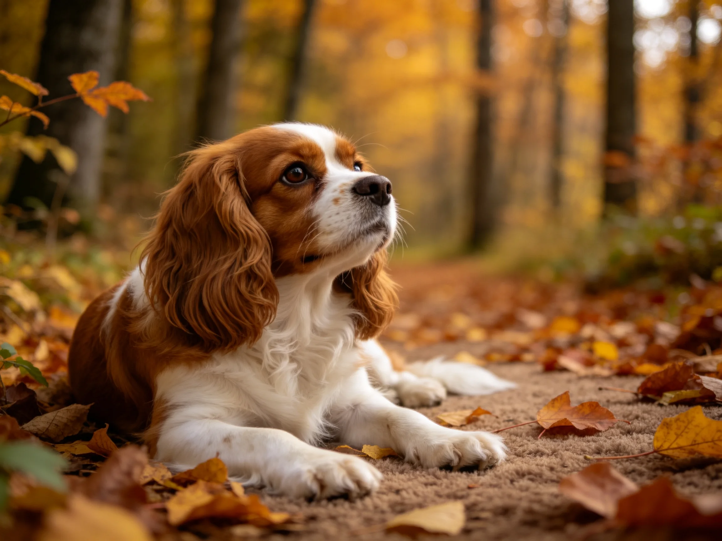 可卡犬安静地趴在满是落叶的小径上，明亮的眼神注视着前方。