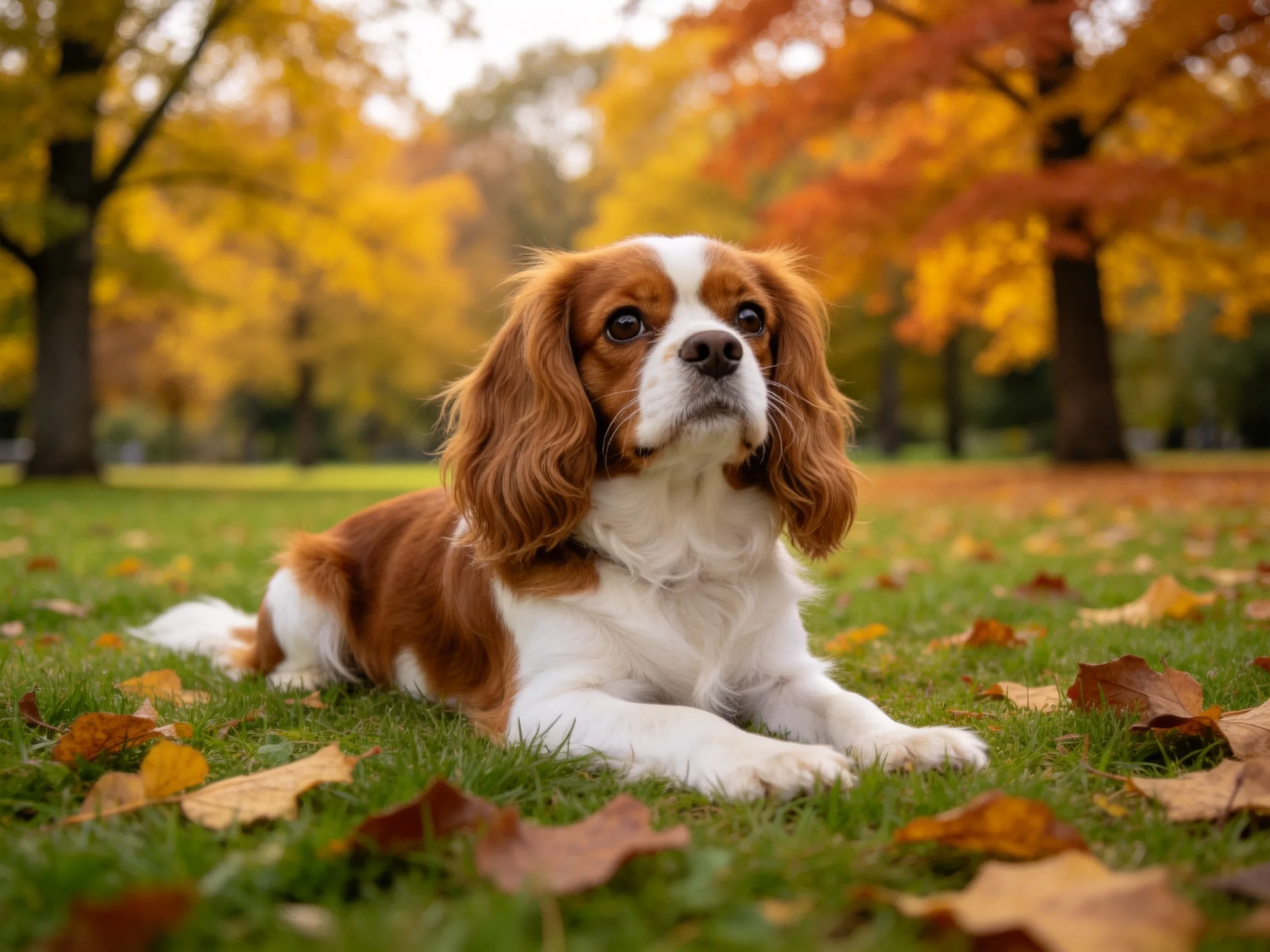 王查理王小猎犬趴在满是秋叶的草地上,棕白色毛发蓬松柔软,眼神专注。