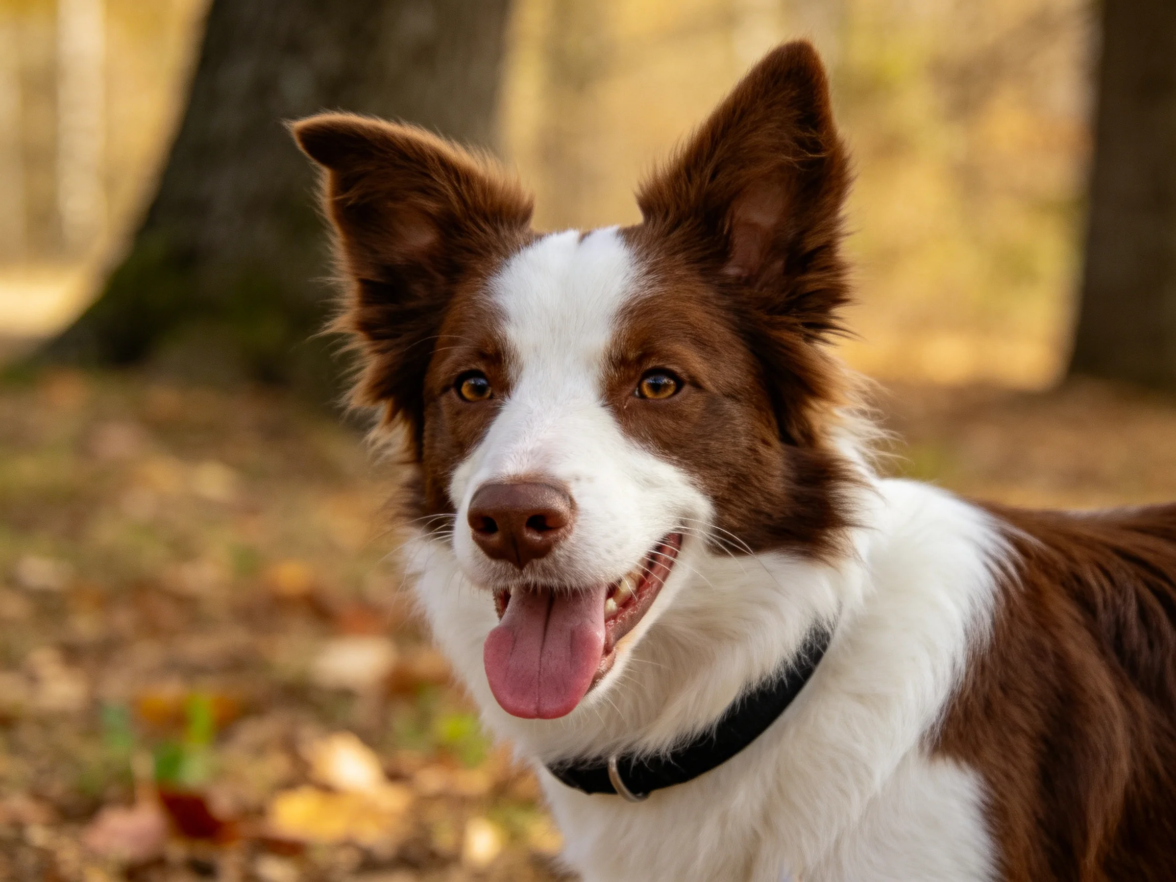 边境牧羊犬棕白相间的毛发清晰可见，嘴巴张开露出湿润的舌头。