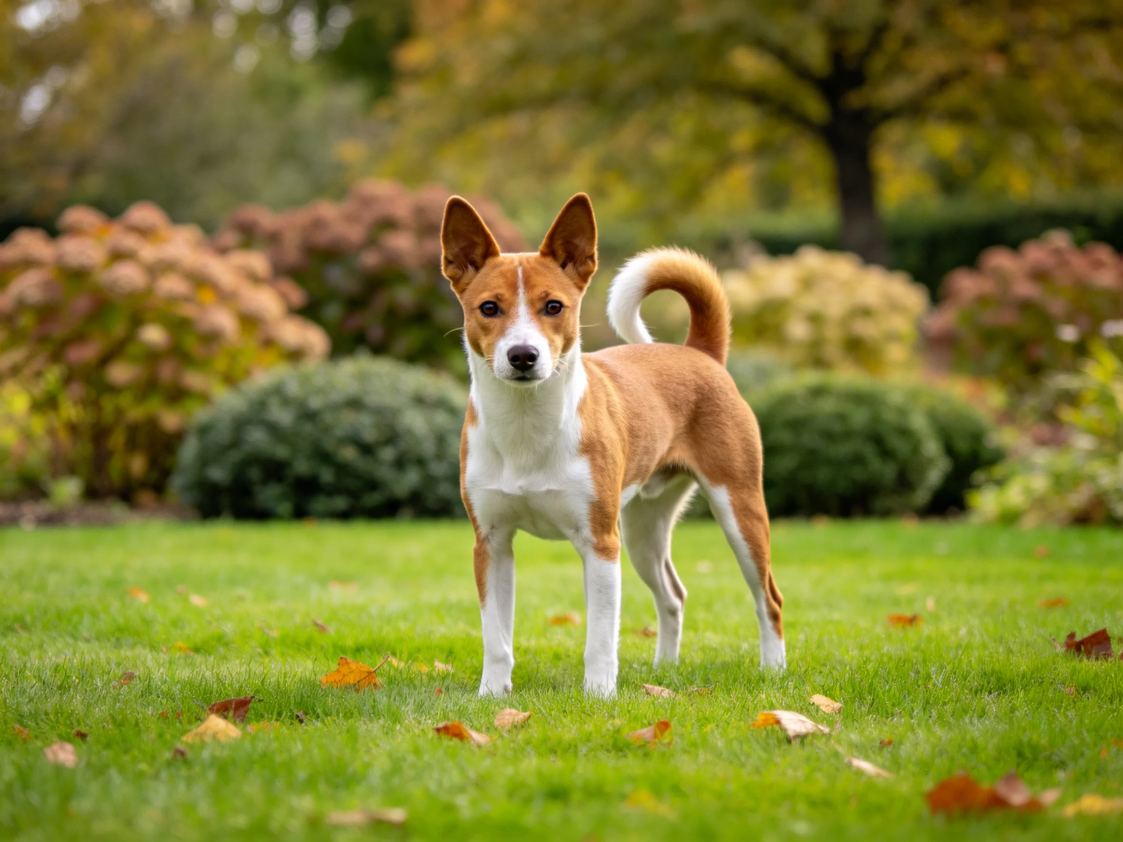 巴仙吉犬有着棕白相间的被毛,耳朵竖立,正站在草坪上。