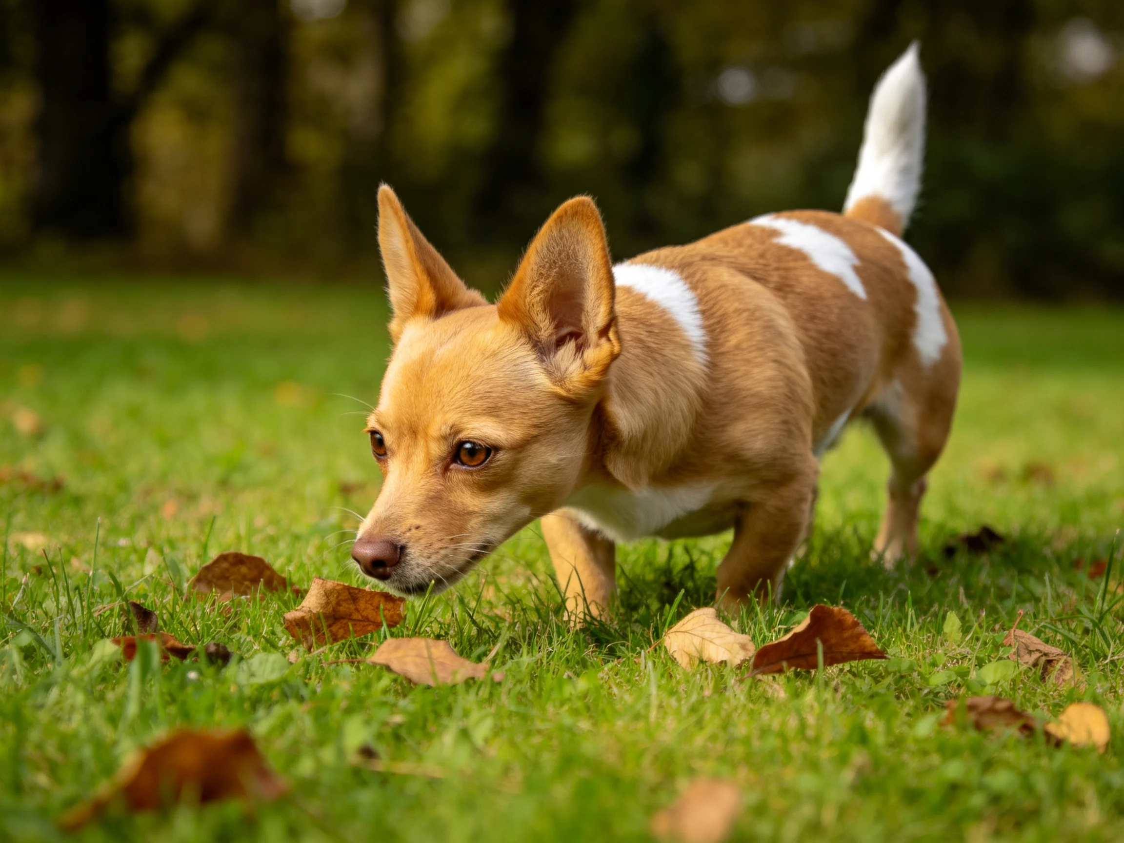 一只吉娃娃犬,浅棕色带白色斑纹,在绿色草地的枯叶间专注嗅探,耳朵竖起,短毛柔软。