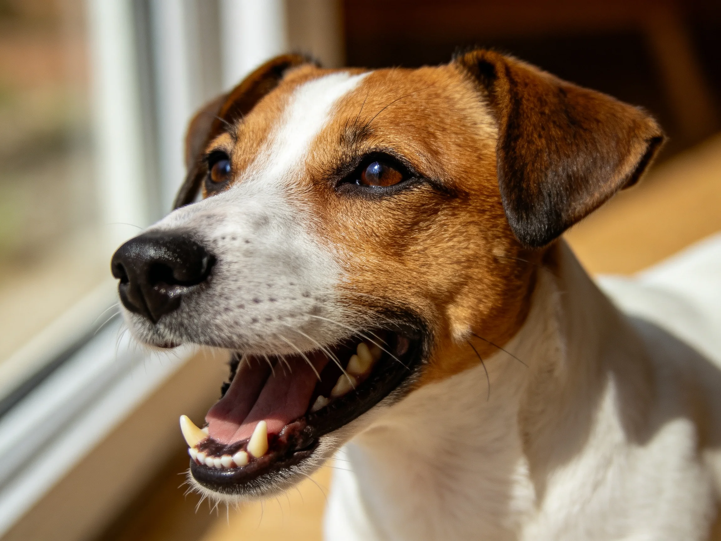 杰克罗素梗犬嘴巴张开露出牙齿,毛发呈现出棕白相间的颜色。