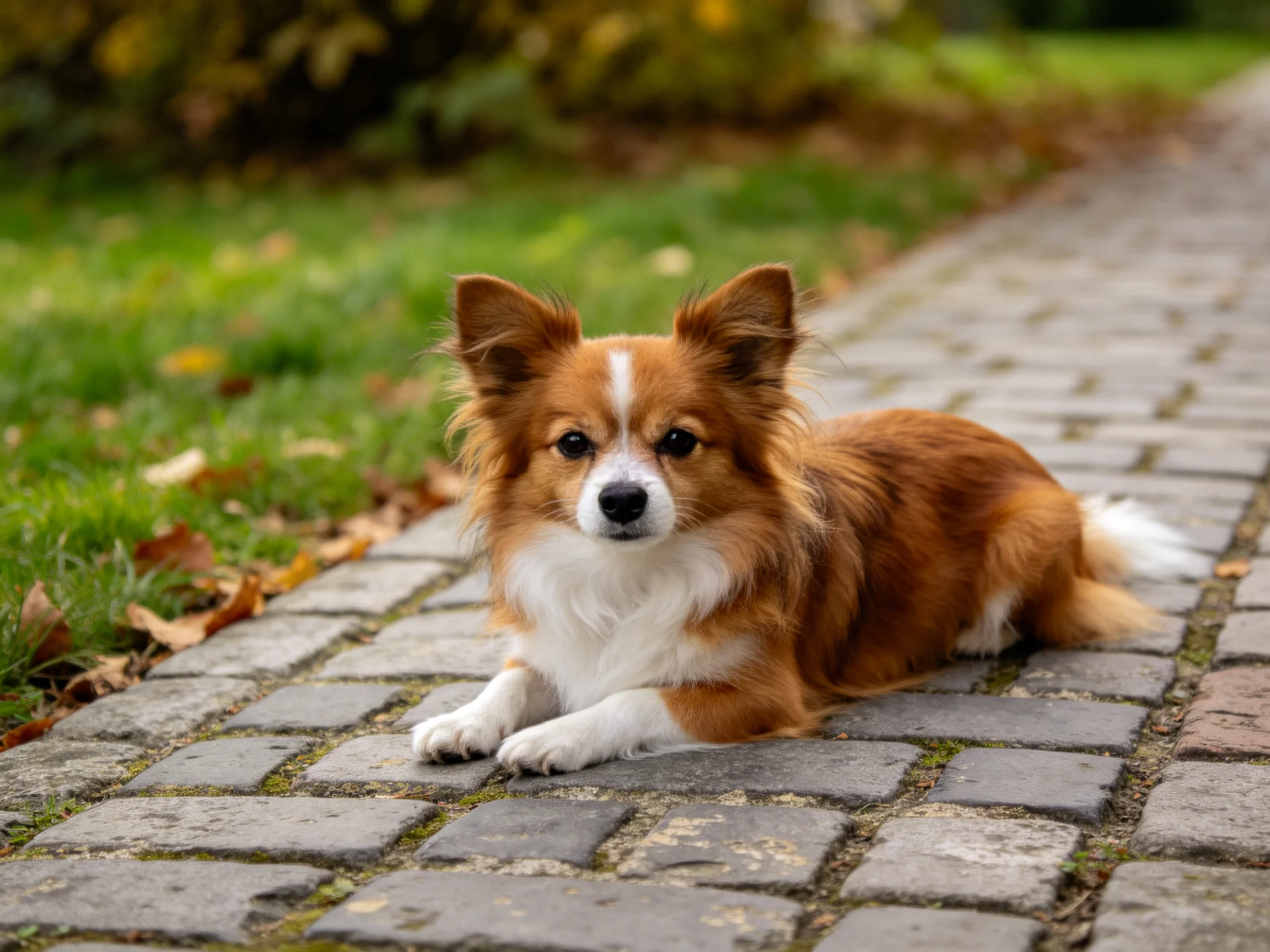 一只小型长耳混种犬趴在石板路上,红棕色毛发带有白色斑纹,耳朵竖立着。