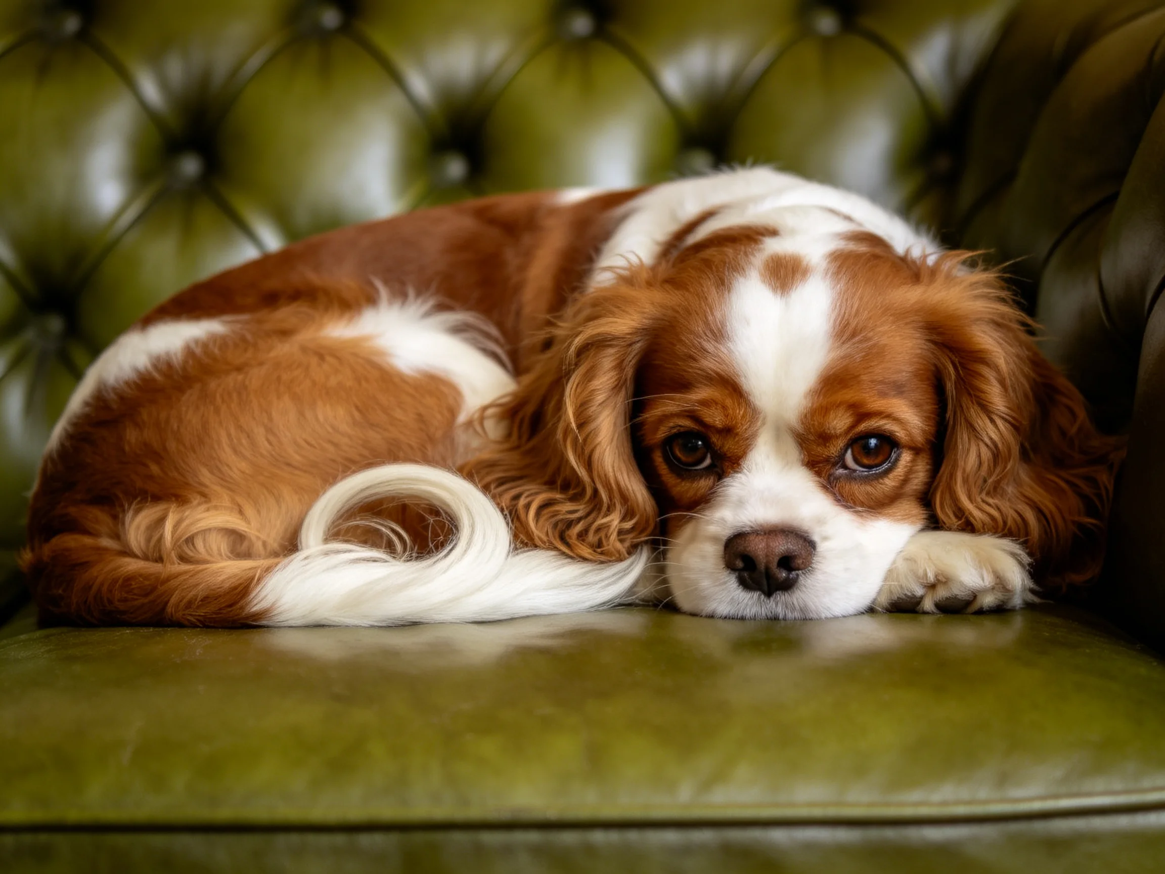 一只可卡犬正将头部轻靠在前爪上,棕白相间的毛发柔软蓬松。