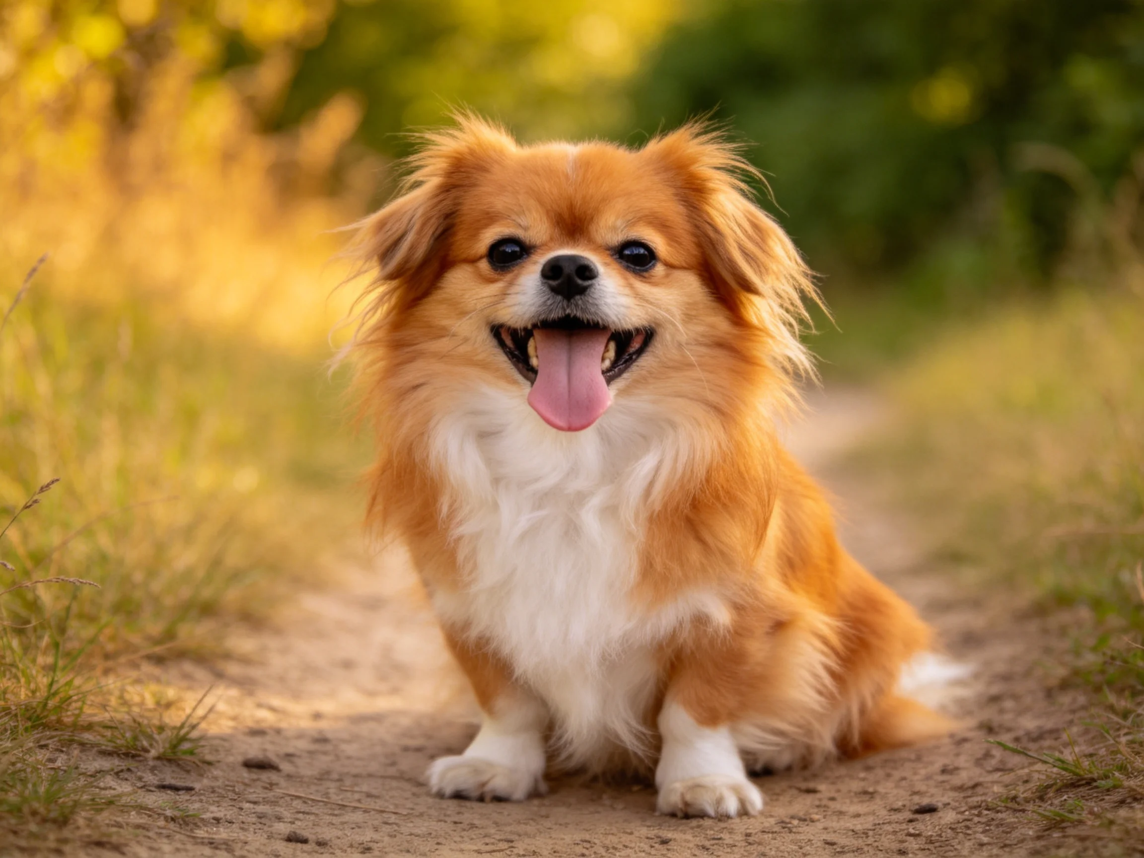 一只京巴犬坐在小径上,红棕色带带有白色胸毛,嘴巴张开露出牙齿和舌头。
