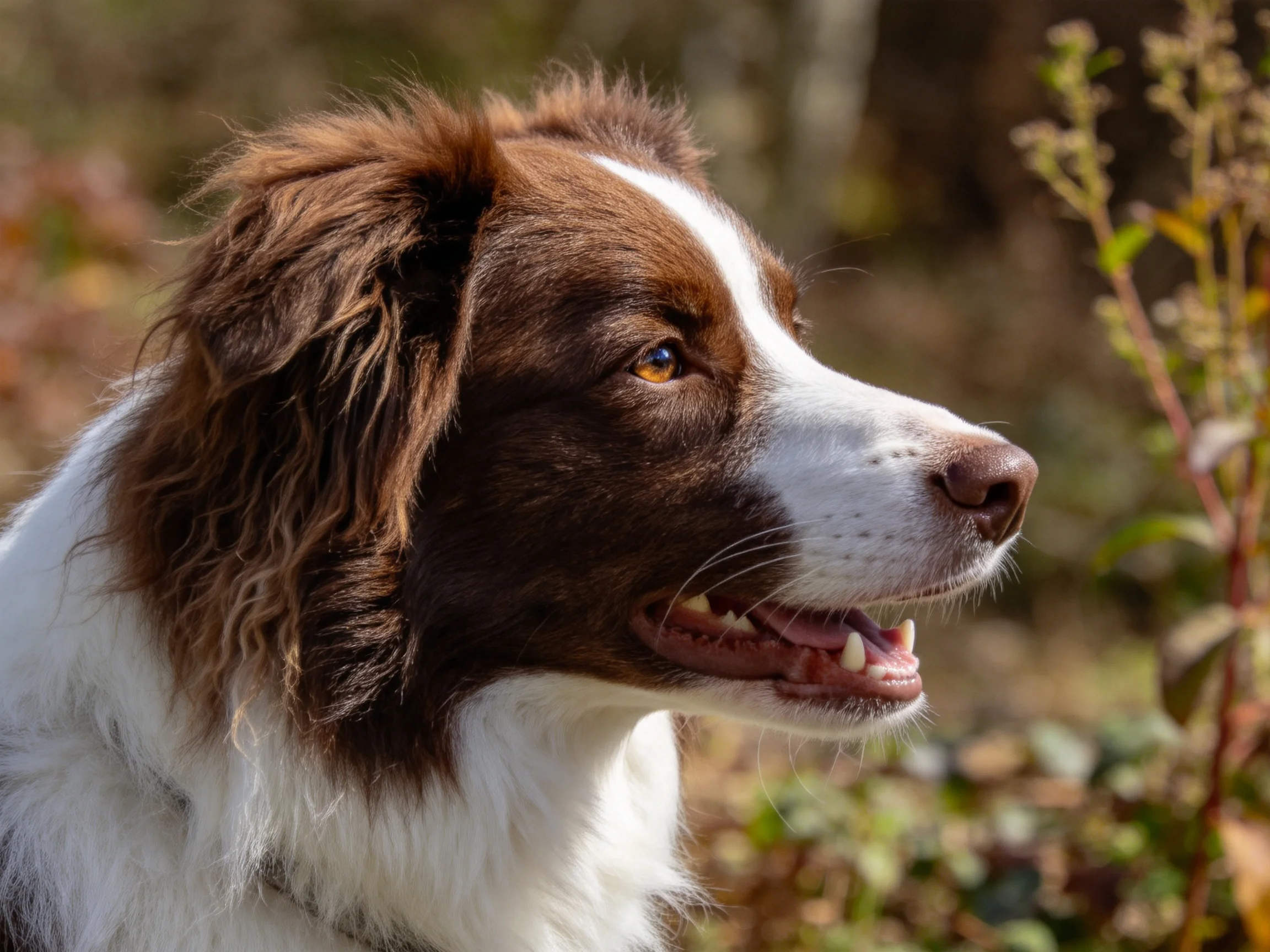 一只边境牧羊犬张着嘴,露出牙齿,棕白相间的被毛清晰可见。