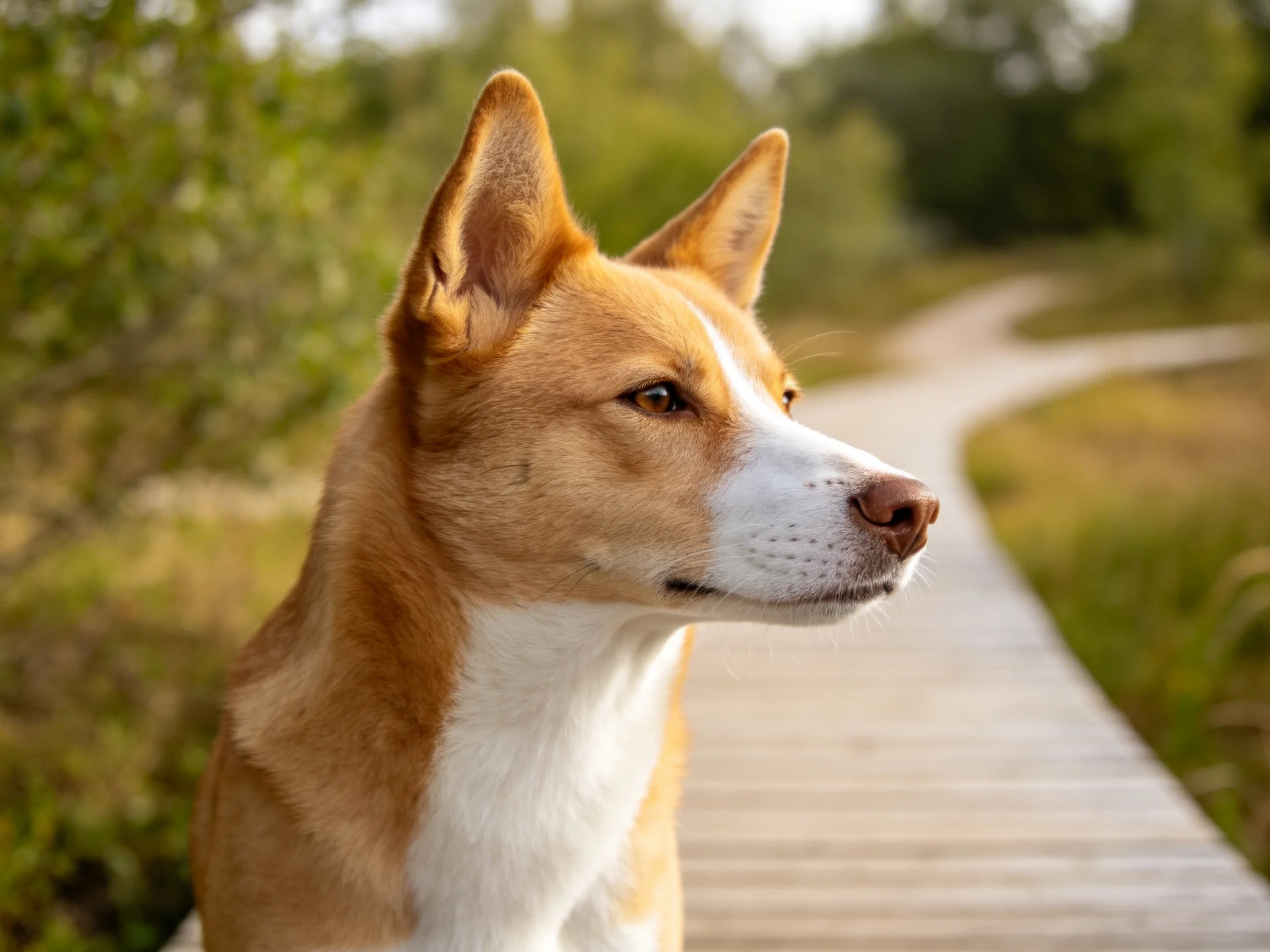 巴森吉犬目光专注,浅棕色被毛带有白色斑块,耳朵竖立在头部两侧。