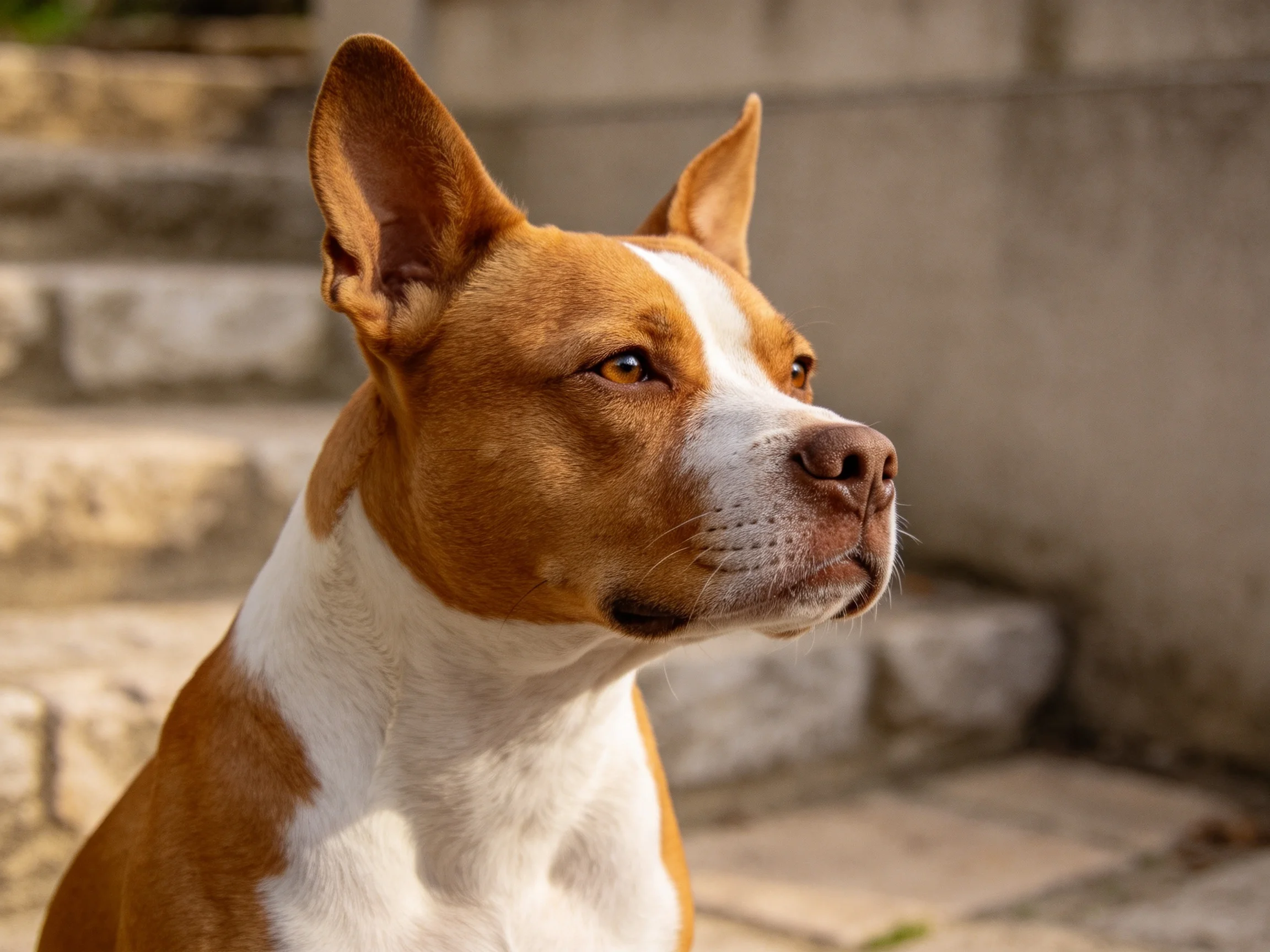 短毛混种犬有着棕白相间的被毛,耳朵竖立,目光注视着画面右侧的空间。