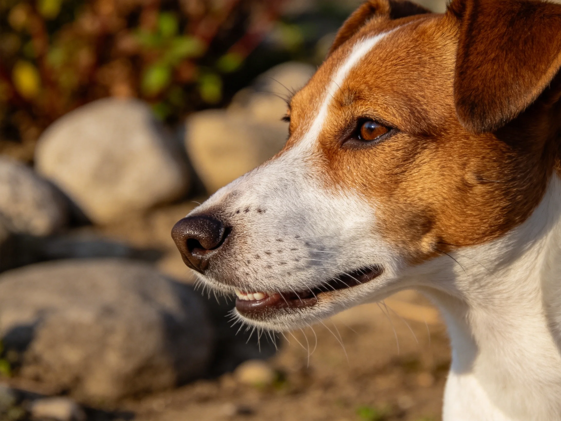 杰克罗素梗犬有着棕白相间的被毛,面部有清晰的斑纹,嘴巴微微张开。