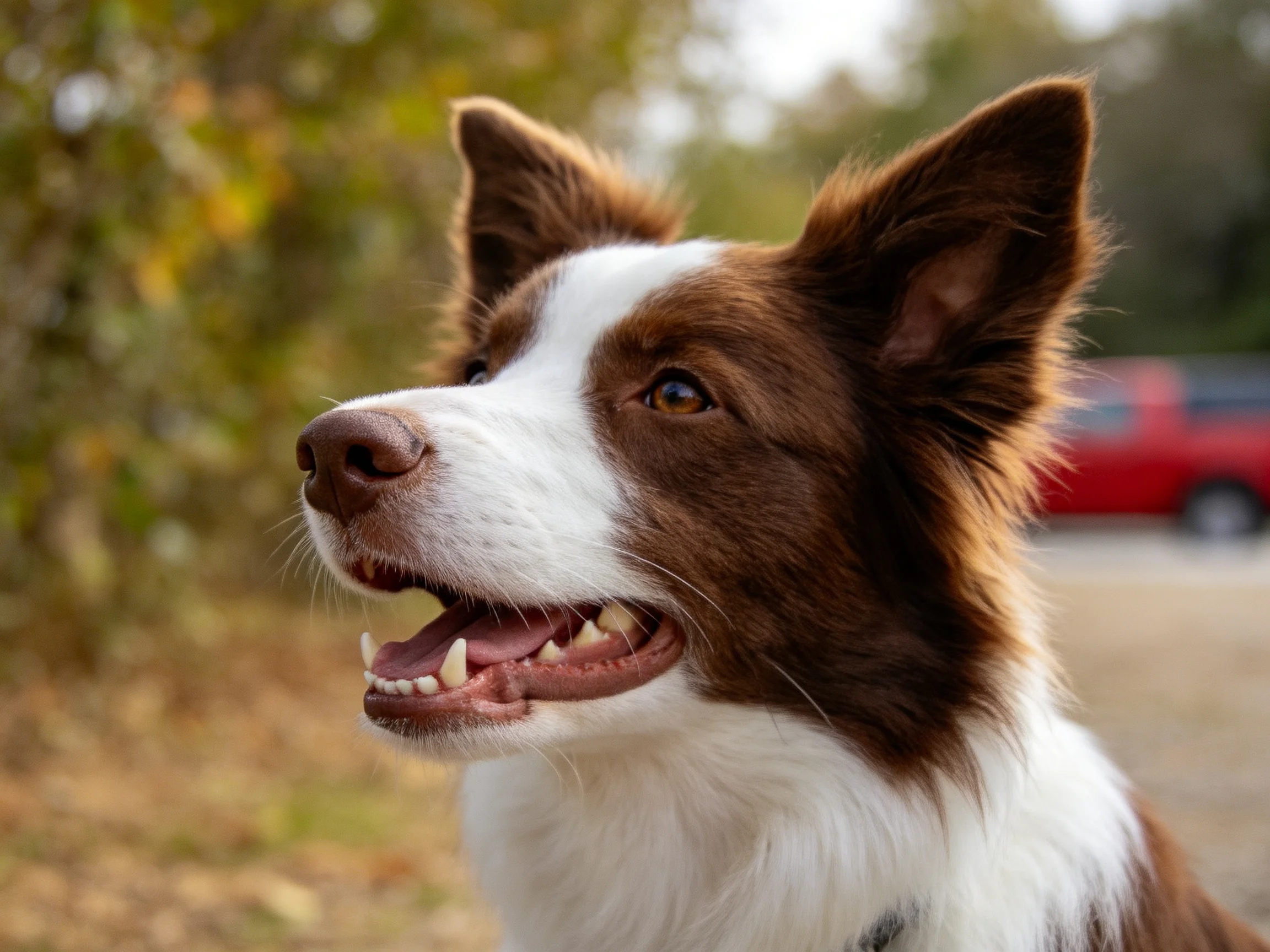 边境牧羊犬嘴巴张开，棕白相间的被毛柔软，耳朵竖立。
