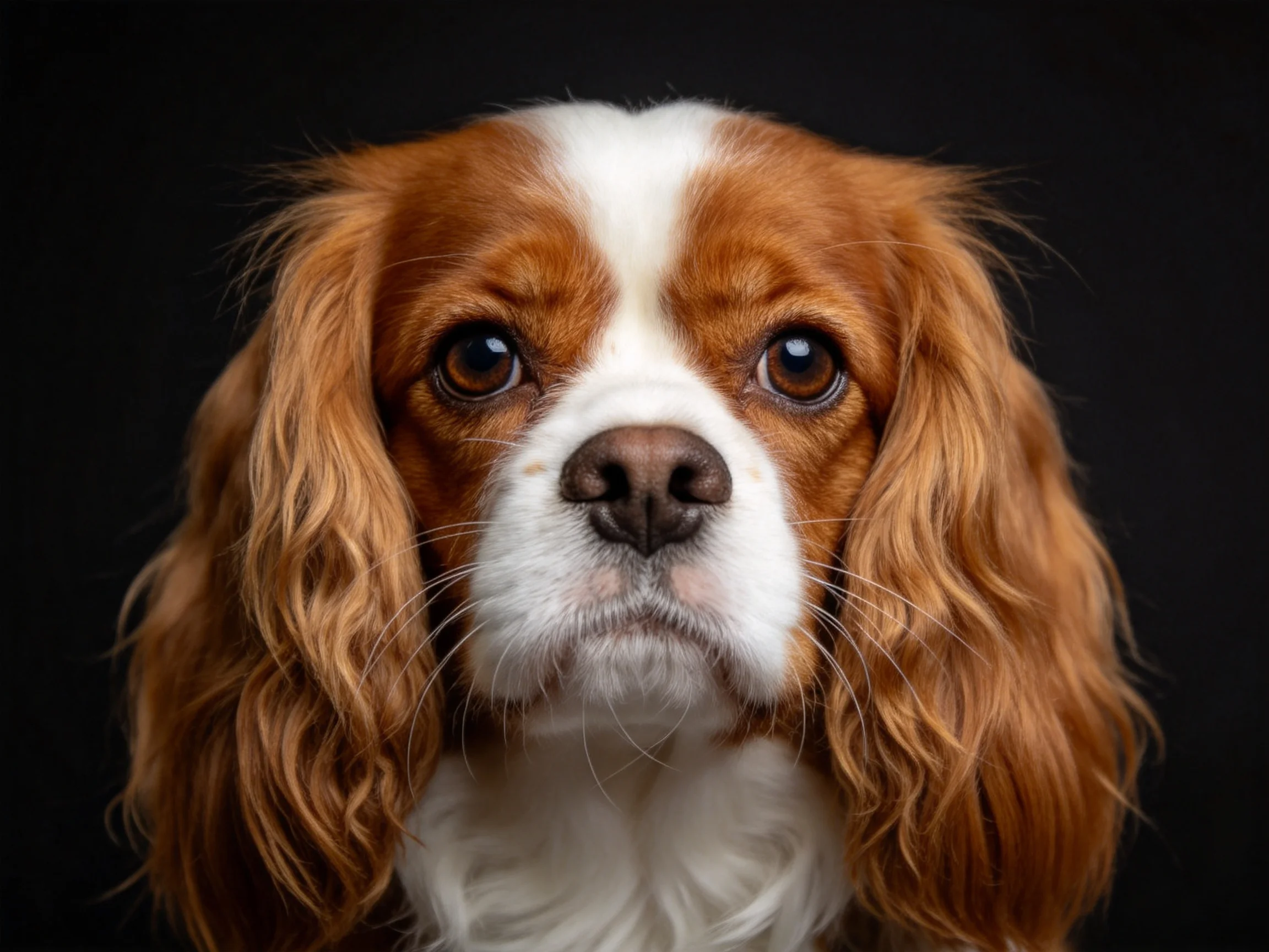 王查理王小猎犬拥有红白相间的毛发,大眼睛明亮有神,耳朵下垂覆盖在脸颊两侧。