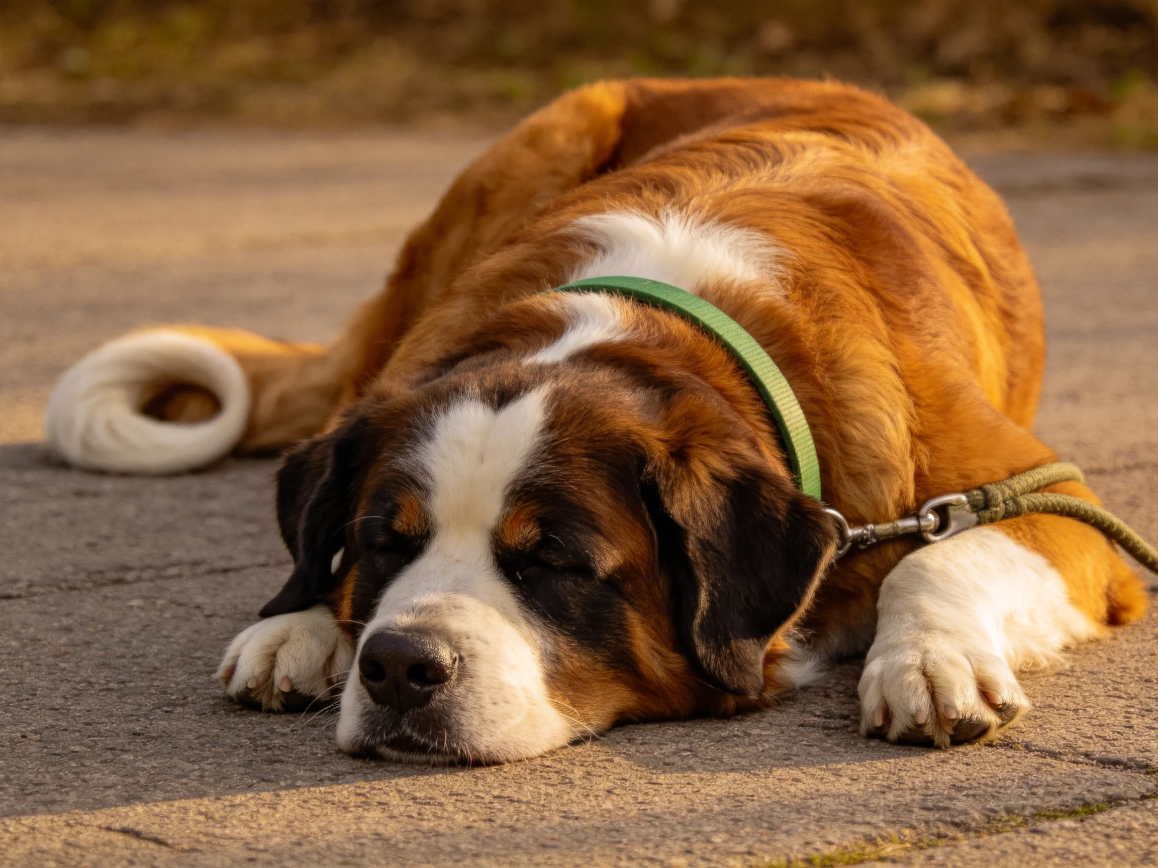 圣伯纳犬安静地趴在石板路上,棕白相间的毛发柔软贴服,绿色牵引绳清晰可见。