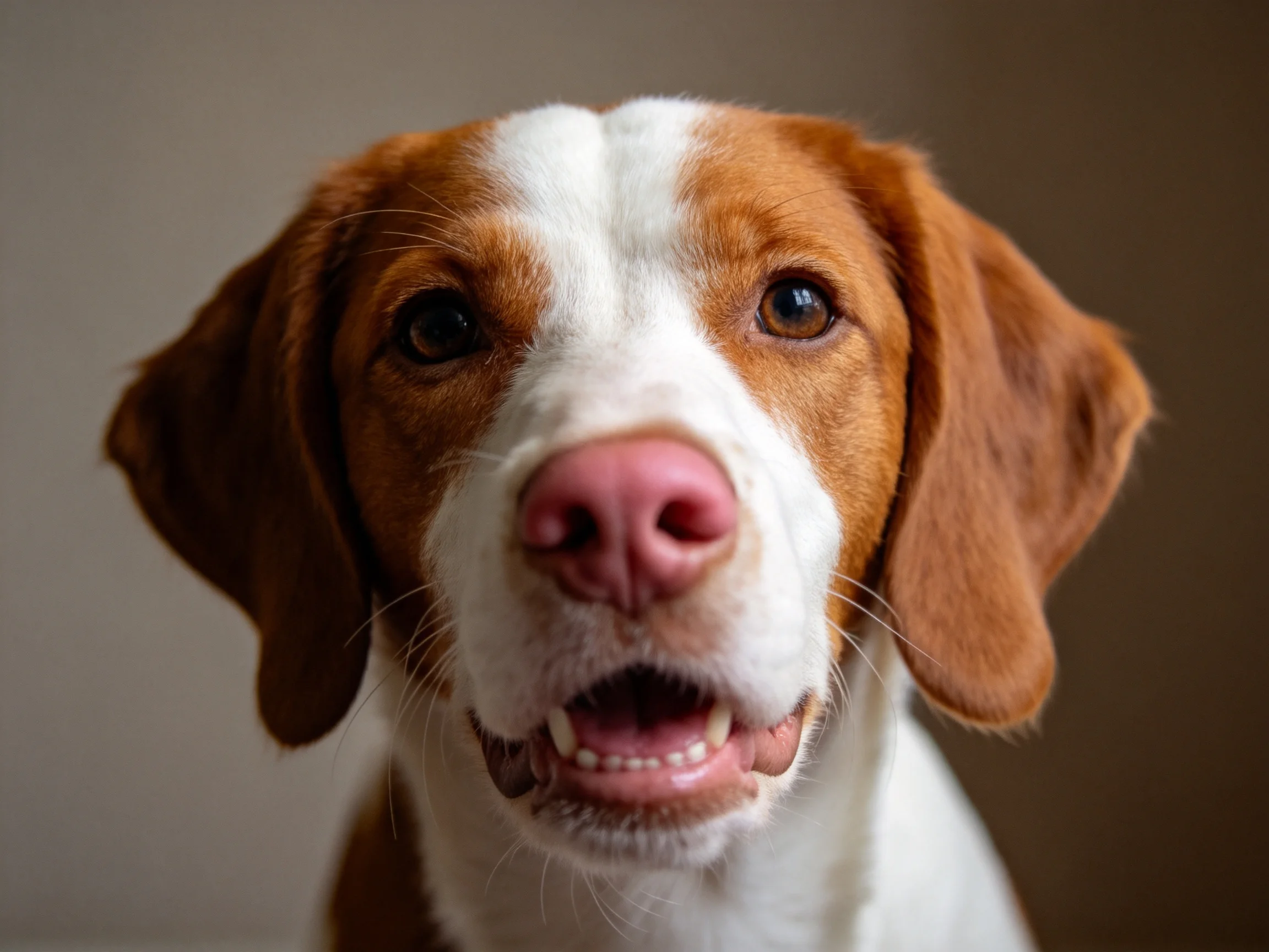 一只布列塔尼猎犬,白色与棕色相间的被毛,粉色鼻端,面向镜头露出牙齿。