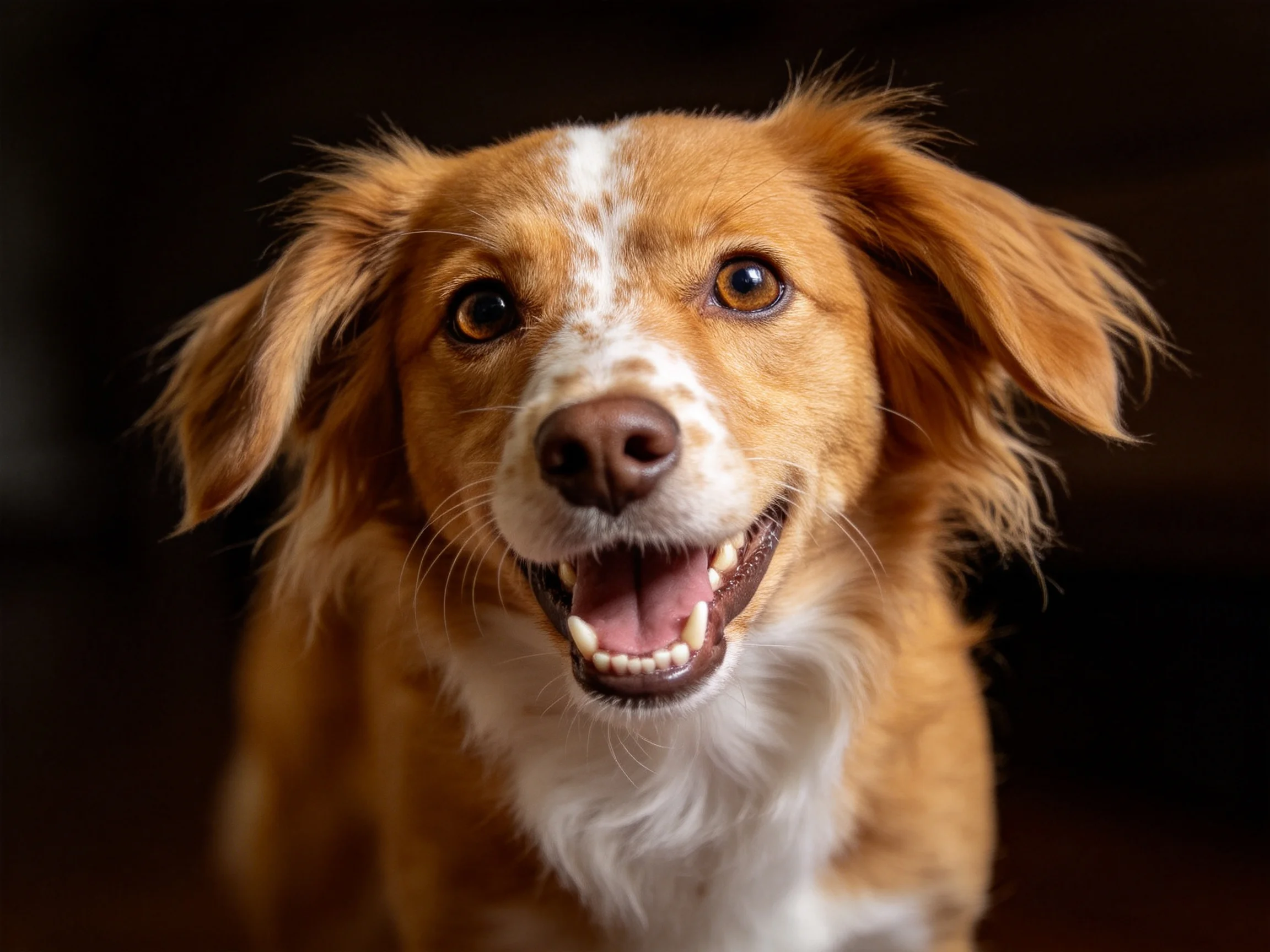 一只混种牧羊犬面向镜头,暖棕色带白色斑纹的毛发,嘴巴张开露出牙齿。