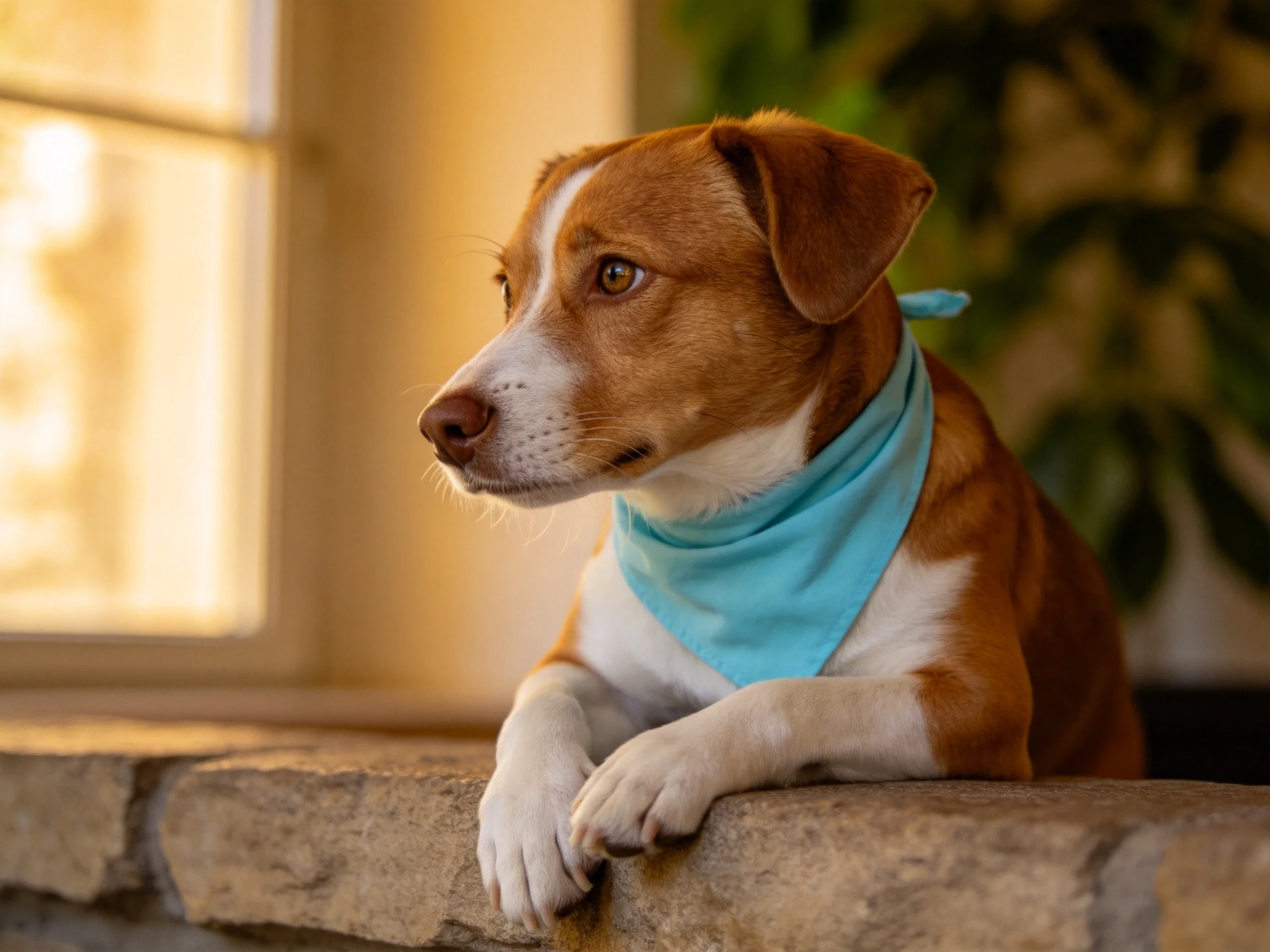 一只短毛混种犬,前爪搭在石台边缘,目光看向左侧窗外。