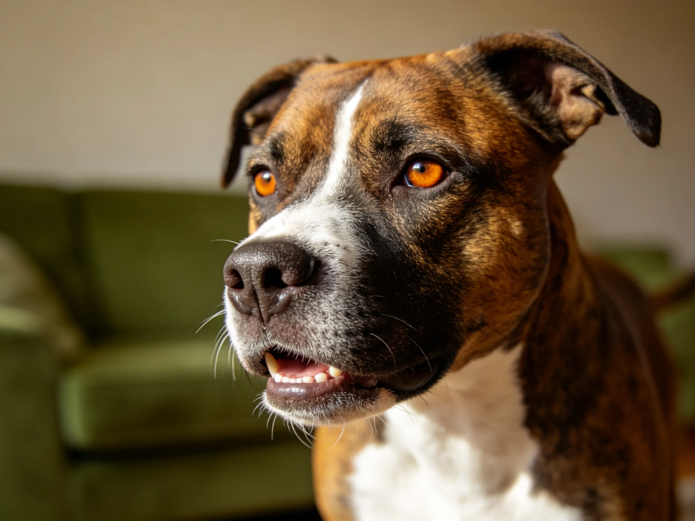 一只比特斗牛梗犬的特写镜头,显示其棕白相间的斑纹皮毛和湿润的鼻尖。