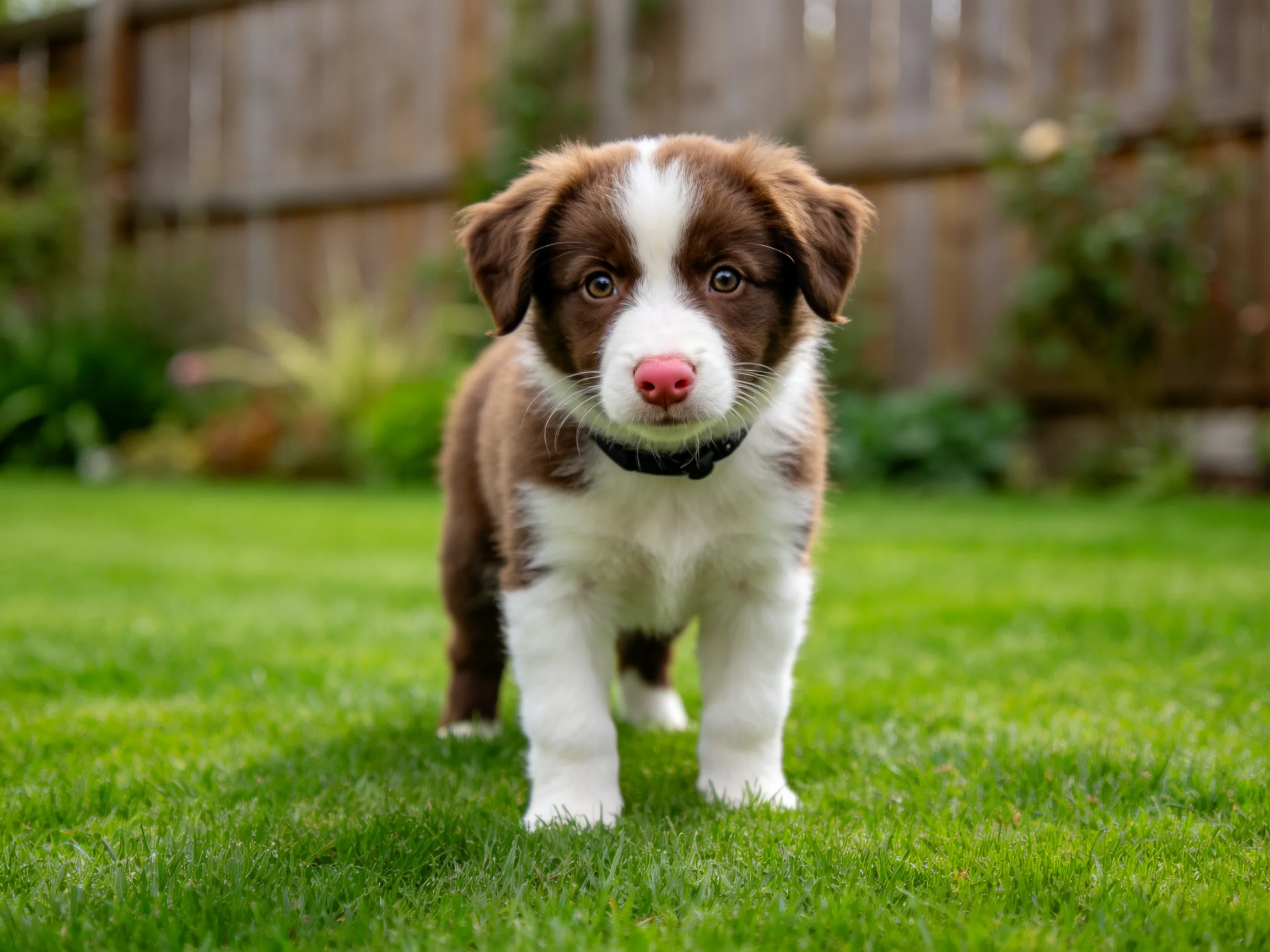 边境牧羊犬幼犬有着白色与棕色相间的毛发,正站在绿色的草地上朝向镜头。