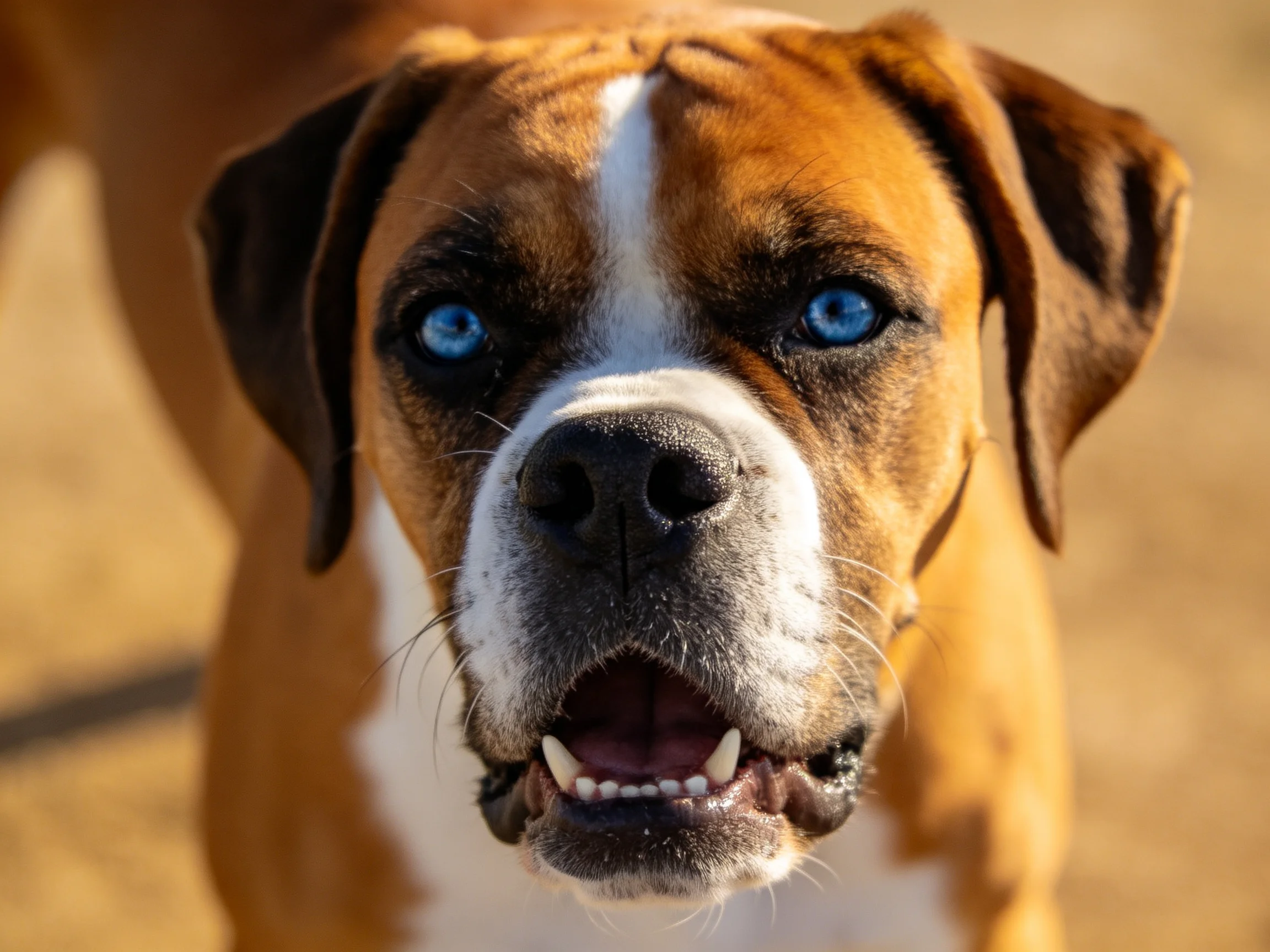 一只蓝眼的拳师犬正面向镜头，展现出其棕白相间的被毛和放松的姿态。