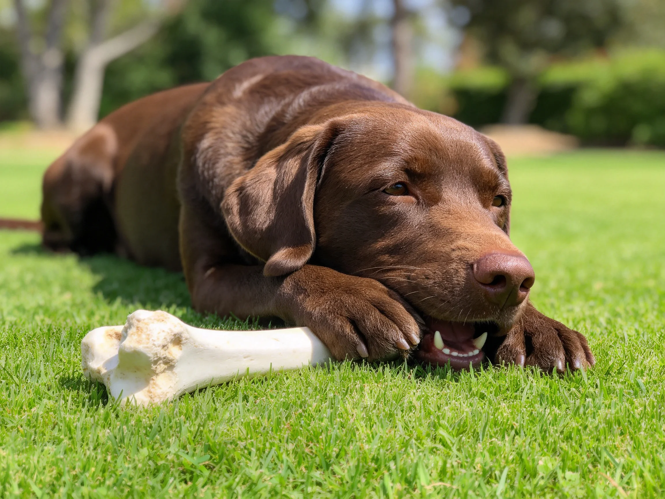 巧克力色拉布拉多犬用嘴咬着白色骨头,深棕色被毛柔软蓬松。