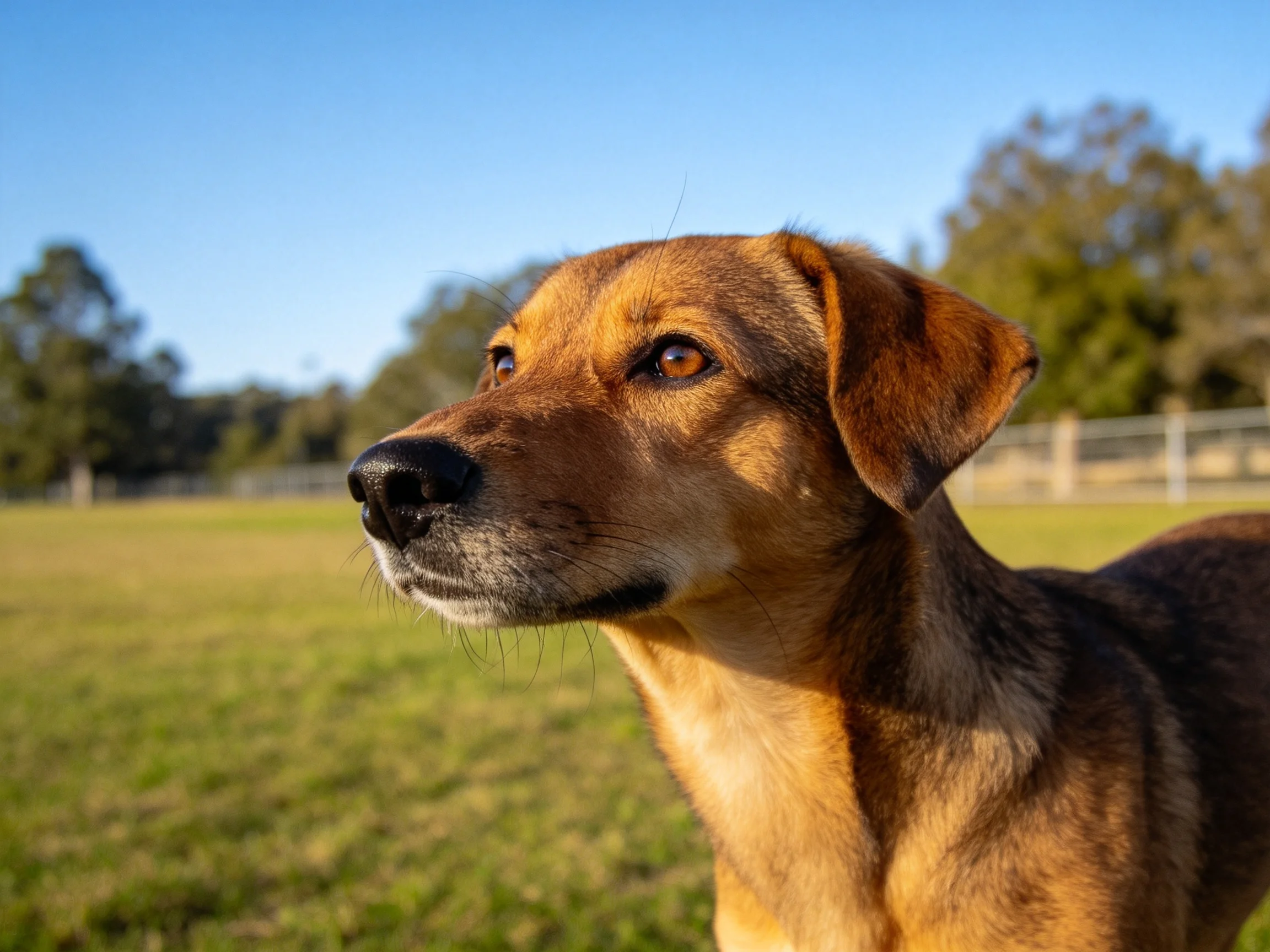一只中大型混血犬站在草地上,棕褐色被毛在阳光下显得柔软顺滑,黑色的鼻头清晰可见。