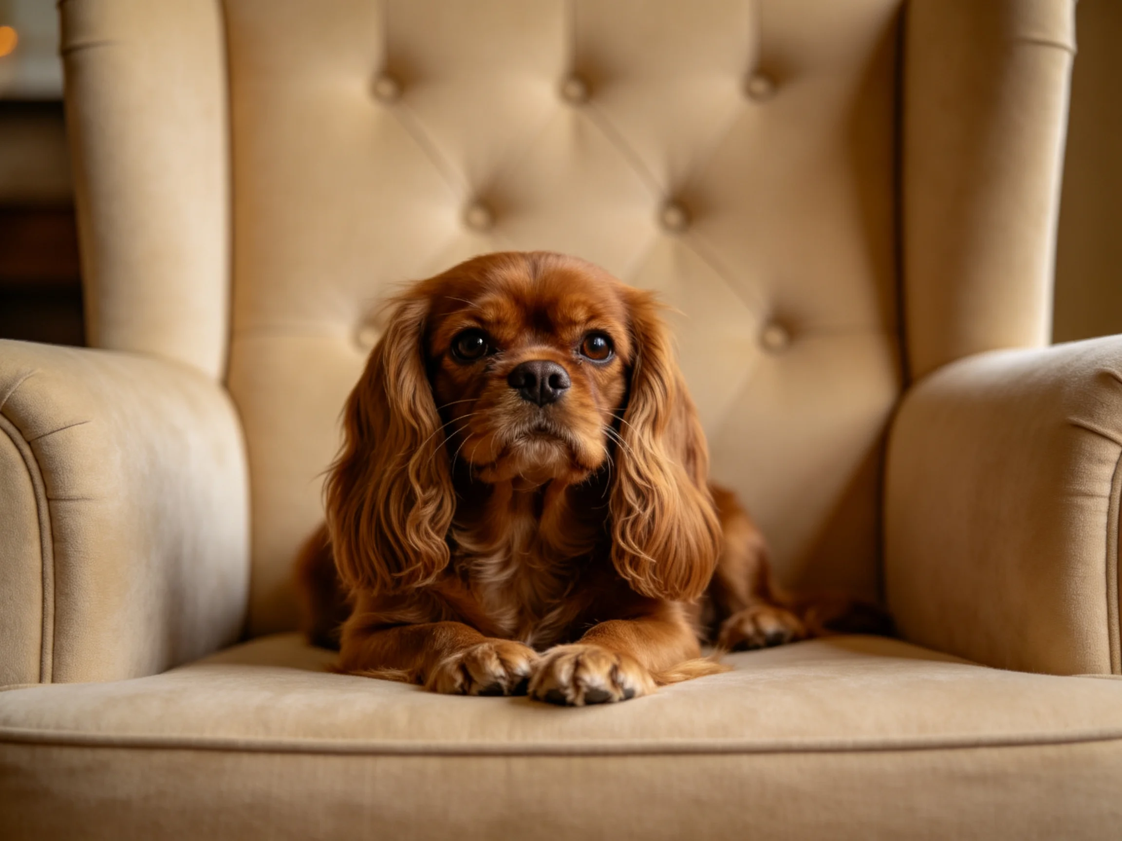 王查理王小猎犬安静趴在浅色布艺沙发上,棕红色毛发柔软顺滑。