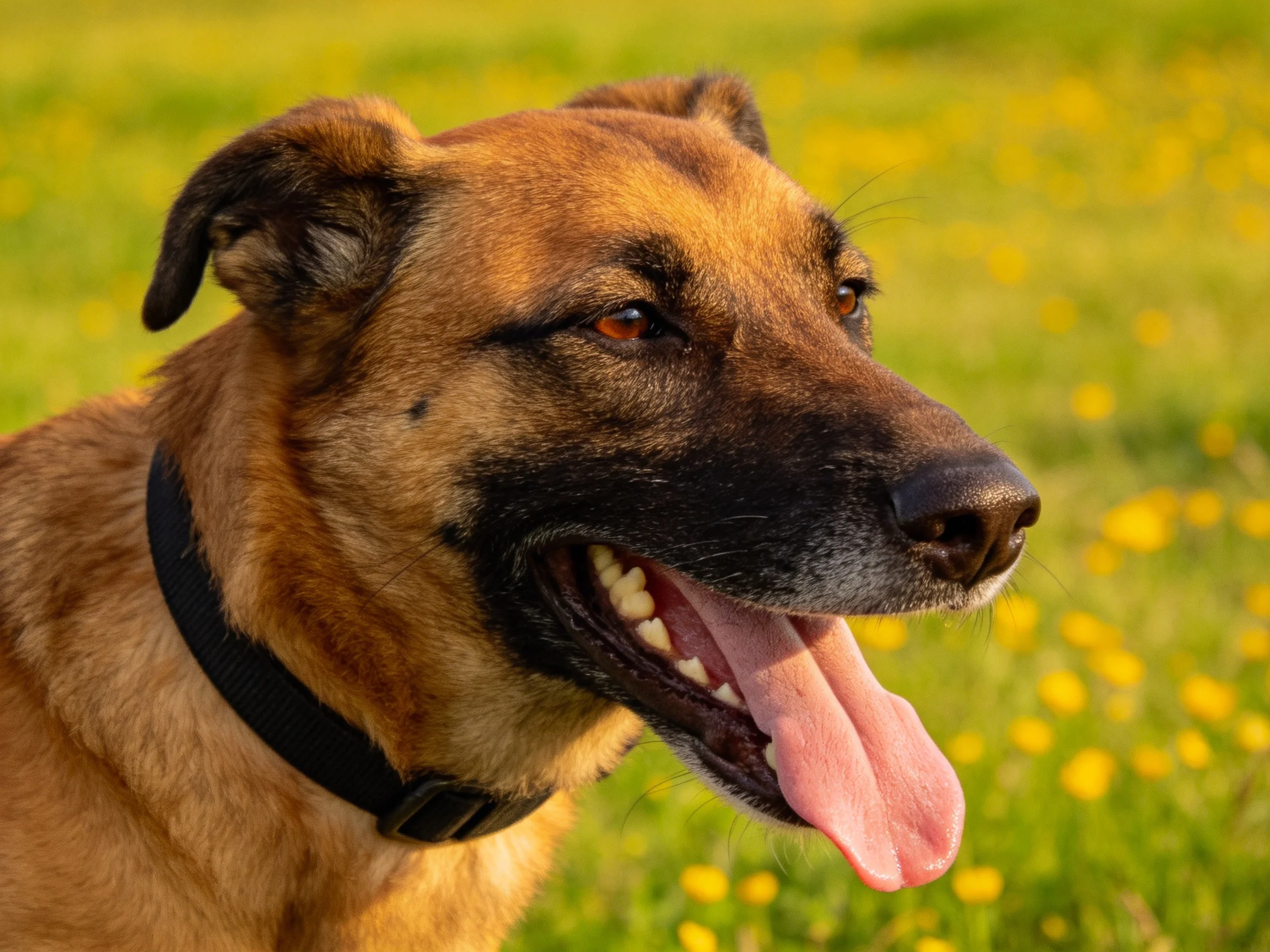 中型混血犬张开嘴巴,露出牙齿和伸出的粉色舌头,黑色的口鼻部与棕褐色毛发形成明显对比。