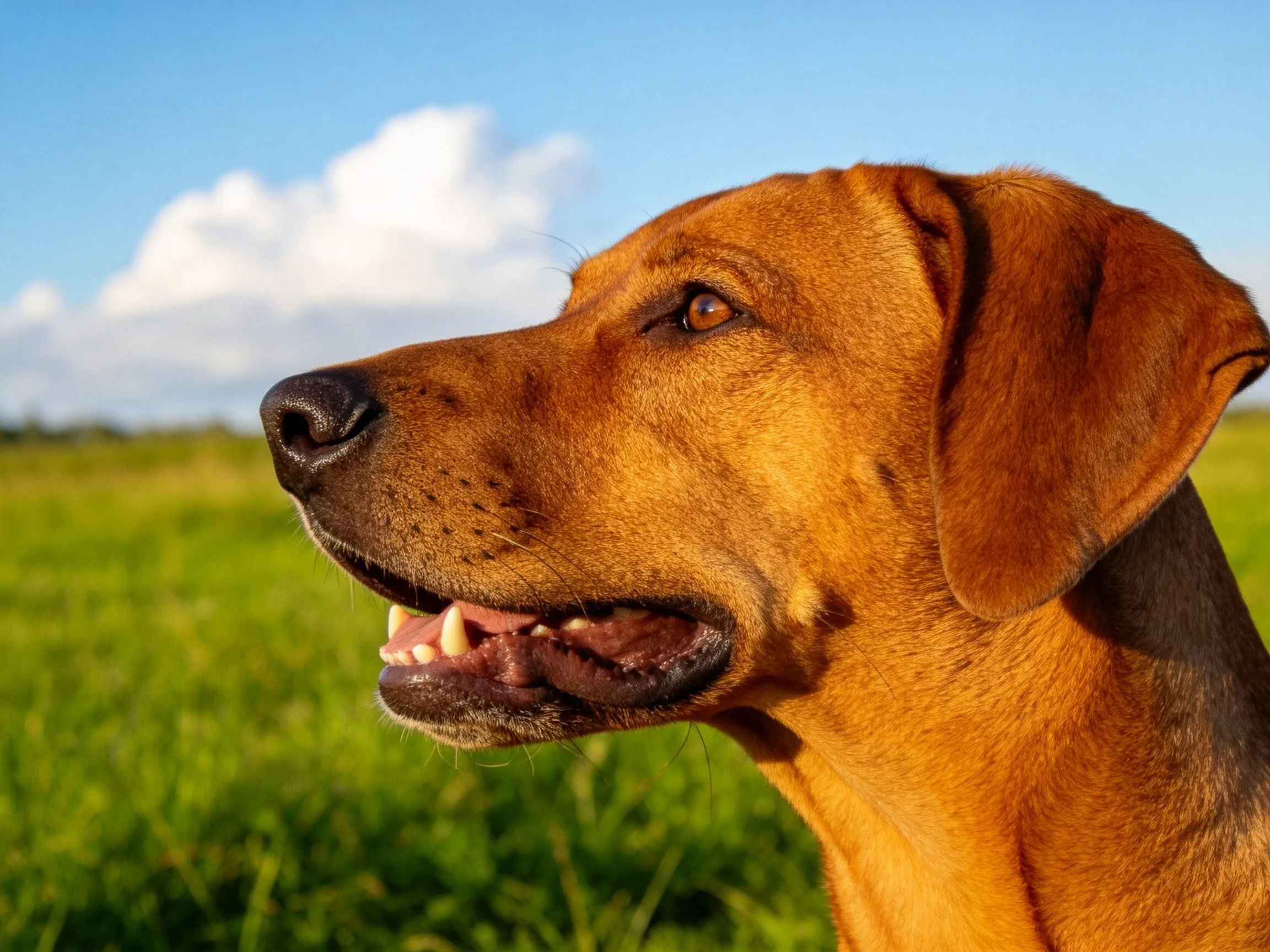 罗德西亚脊背犬在户外草地,红褐色短毛,嘴巴张开露出牙齿。