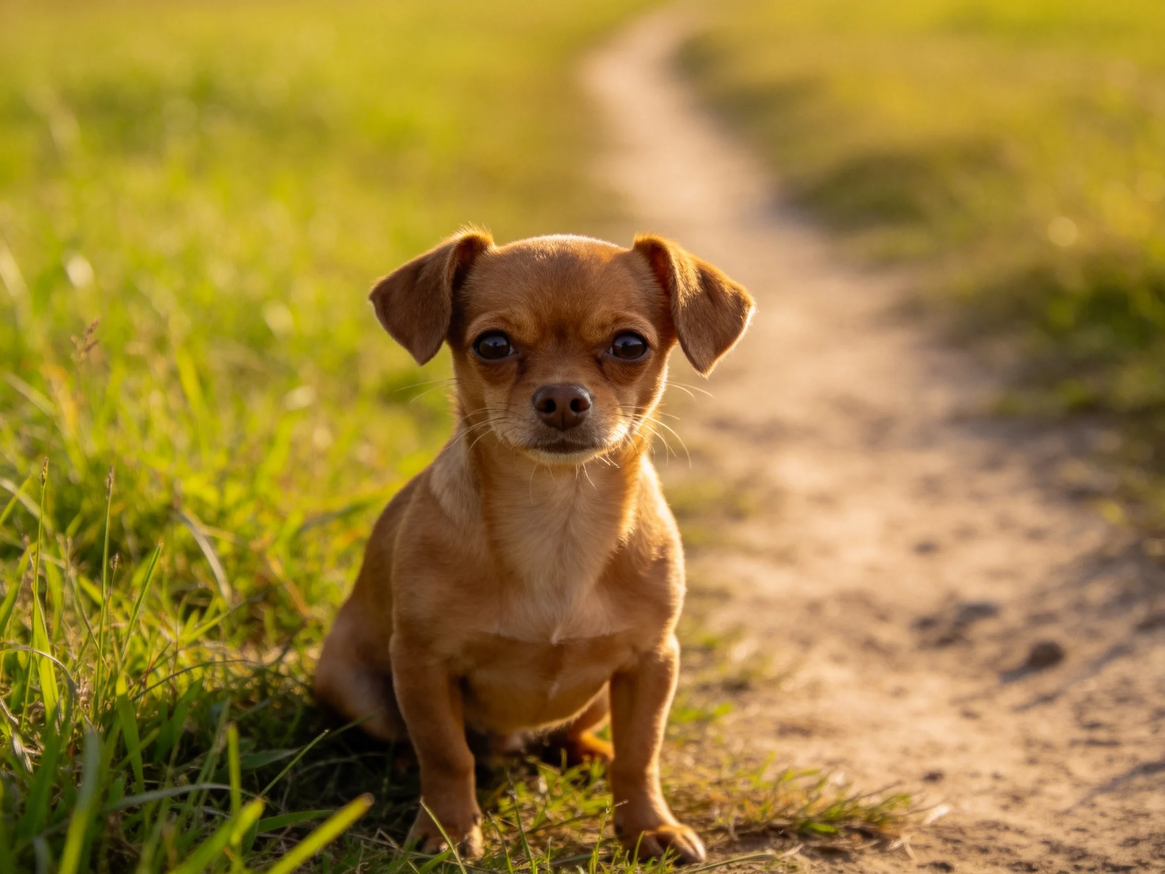 吉娃娃犬有着浅棕色短毛,耳朵竖立,正安静地注视前方。