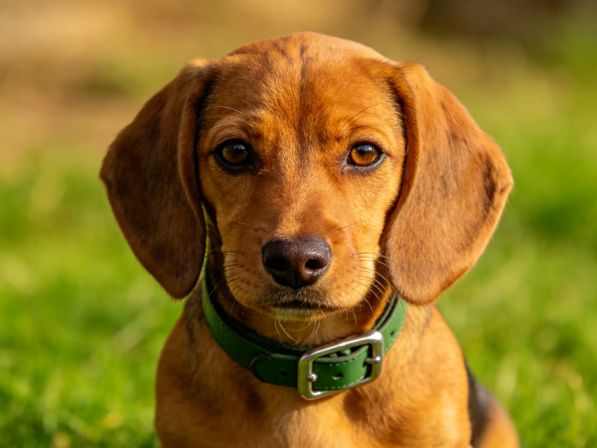 一只腊肠比格混种犬戴着绿色皮质项圈,安静地坐在草地上,耳朵宽大下垂,眼神温和。