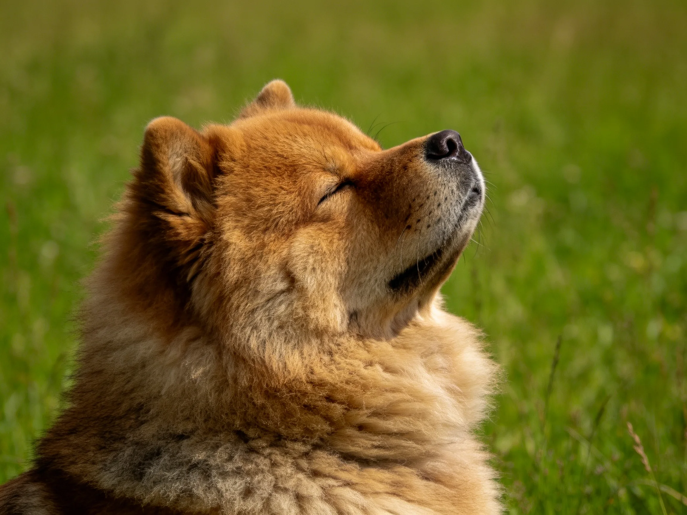 一只棕褐色的柴犬仰着头,双眼轻闭,浓密的毛发在阳光下显得柔软蓬松。