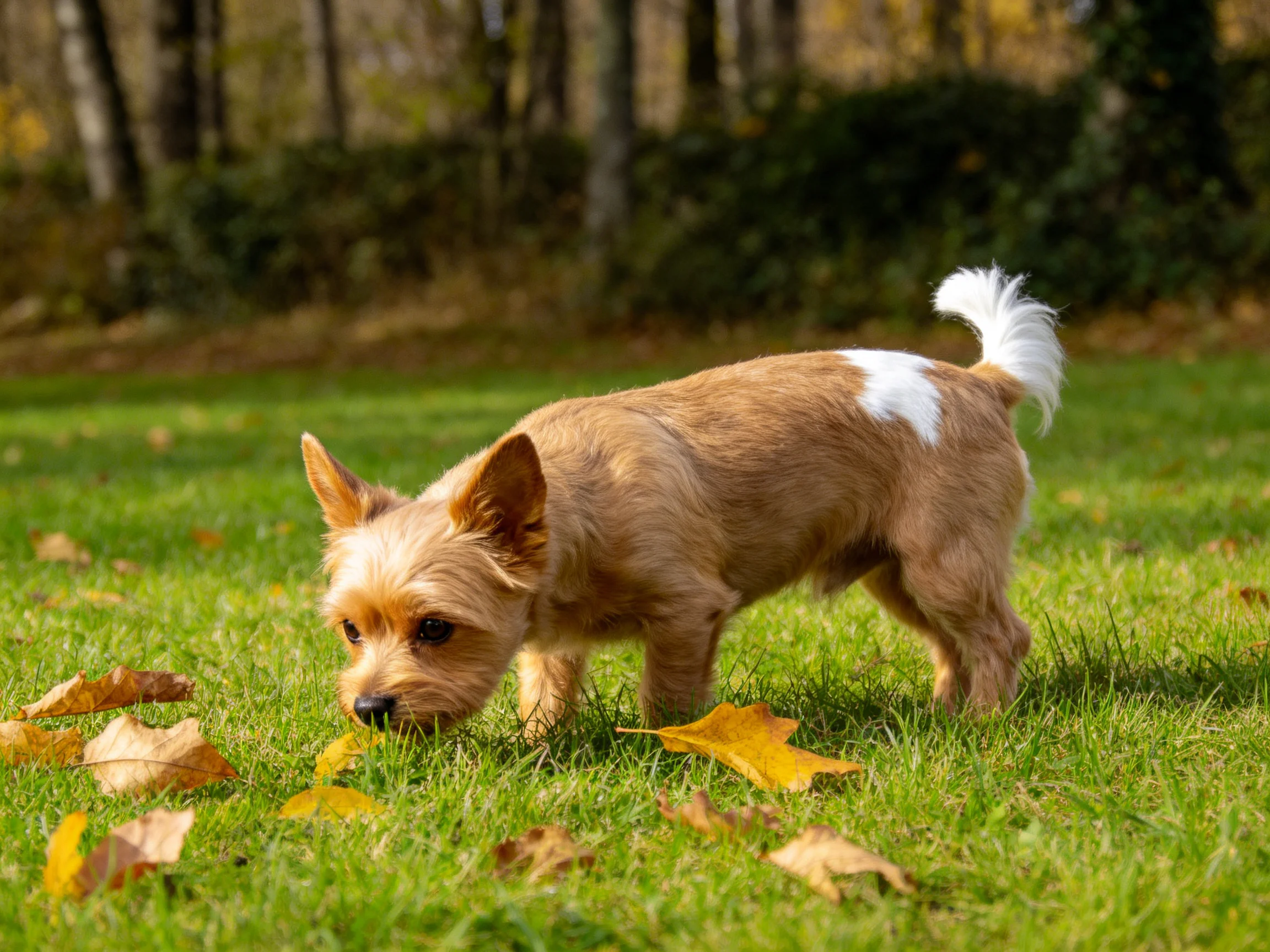 一只带有白色斑纹的小型梗类犬在草地落叶间低头嗅探,浅棕色毛发清晰可见。