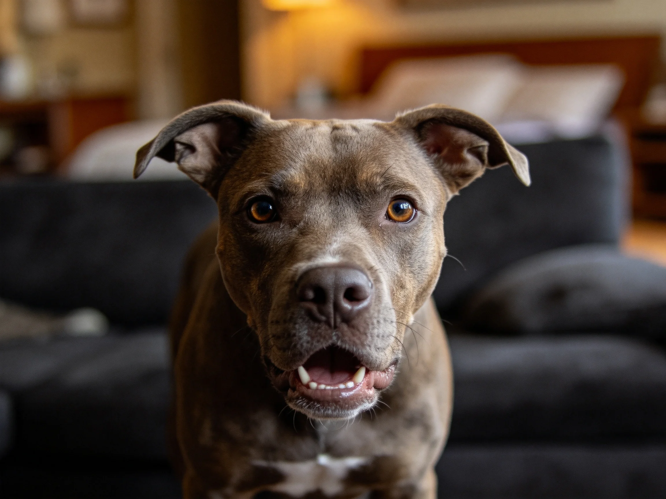 拳师犬有着短而紧实的深棕色被毛,嘴巴张开露出洁白牙齿,眼神专注注视镜头。