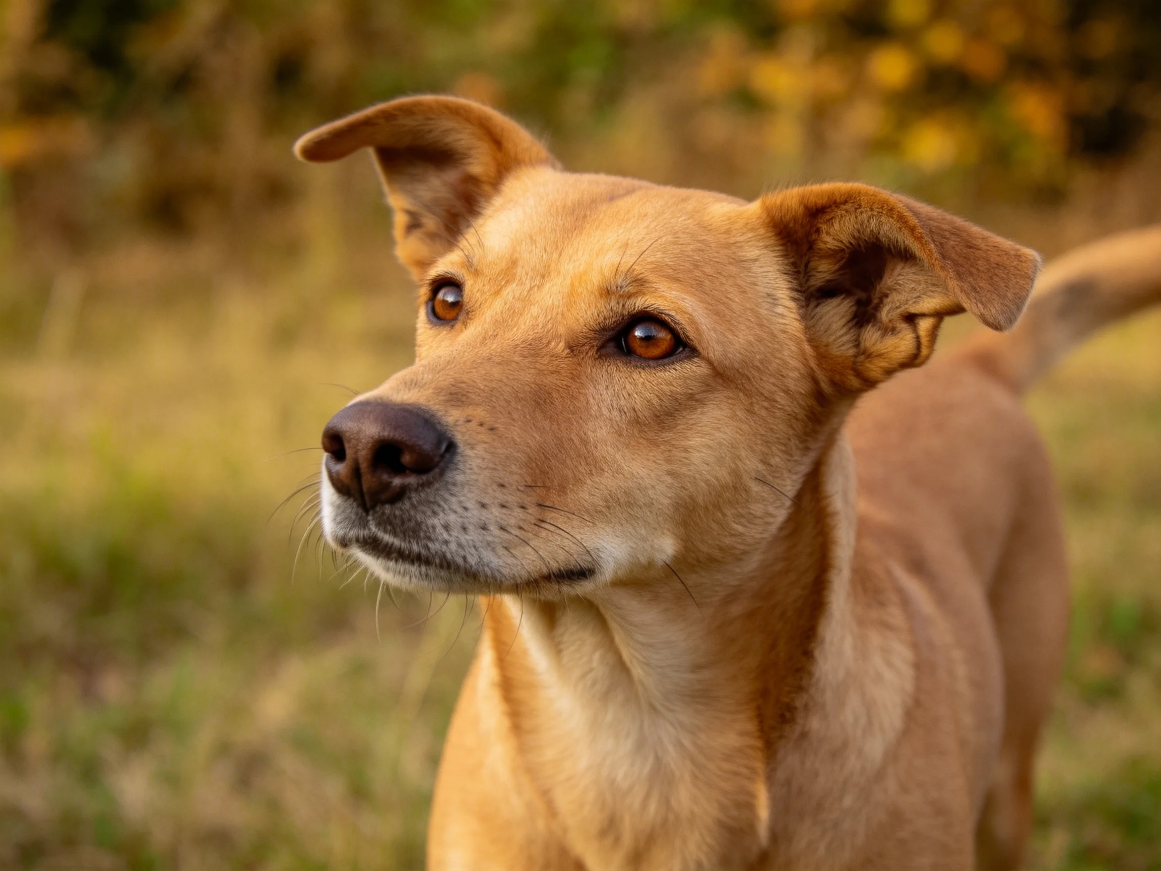 浅棕色短毛家犬凝视远方,耳朵微微前倾,皮毛纹理清晰可见。