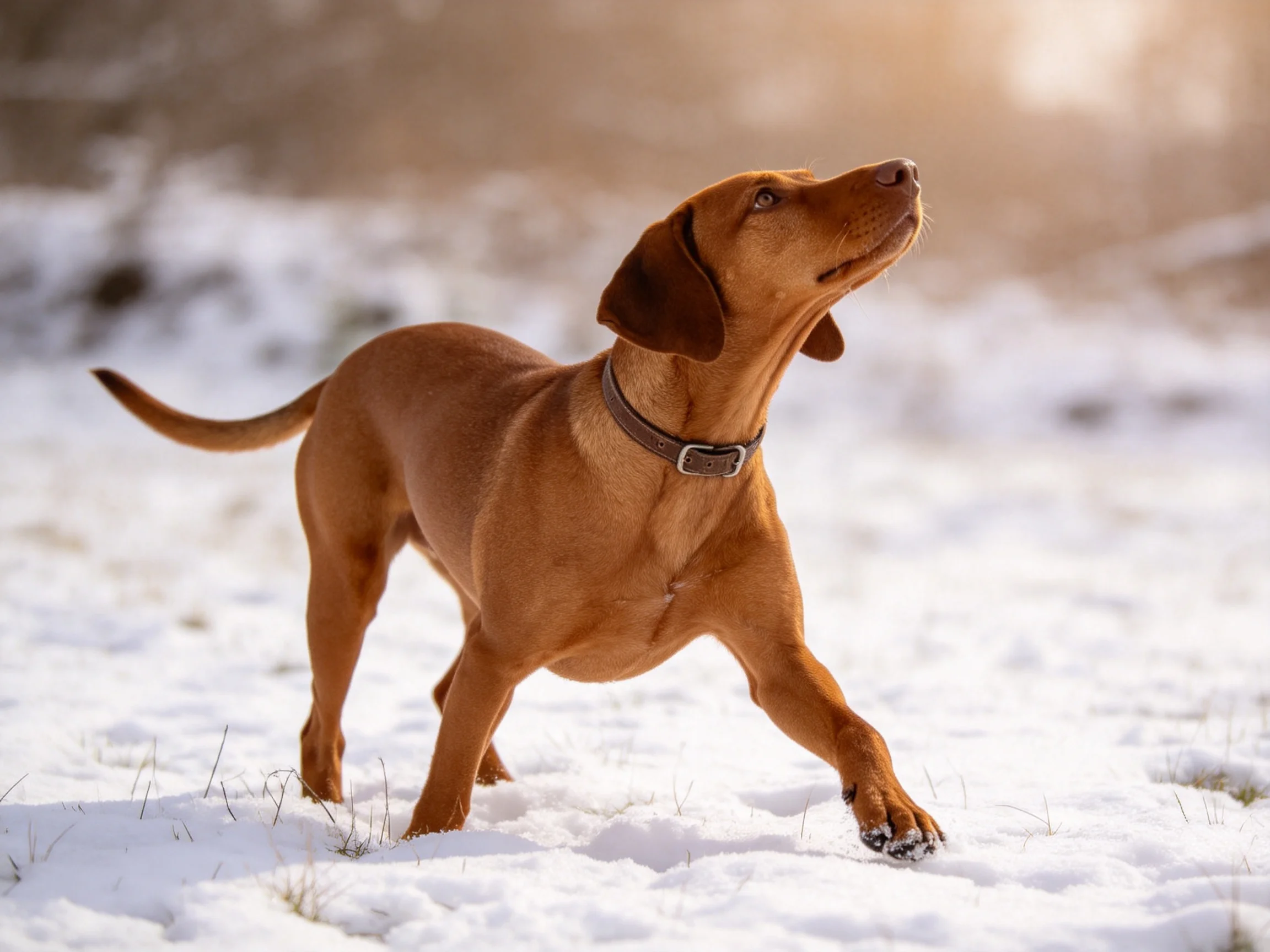 维兹拉犬在雪地中奔跑,红褐色的毛发清晰可见,爪子沾有少量雪迹。