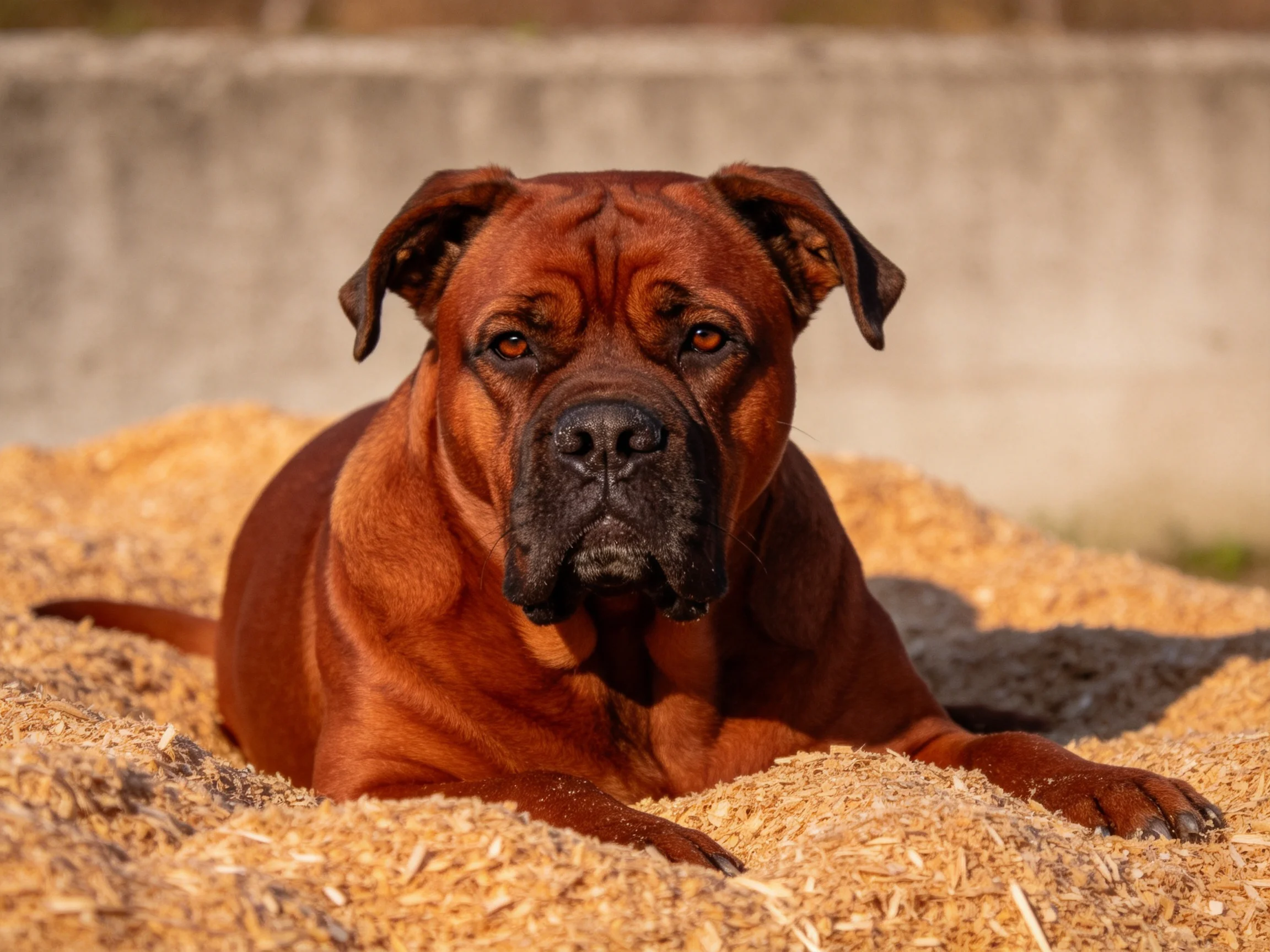 波尔布犬安静地躺着,红棕色短毛贴附在谷物堆上,黑色的口鼻部十分醒目。