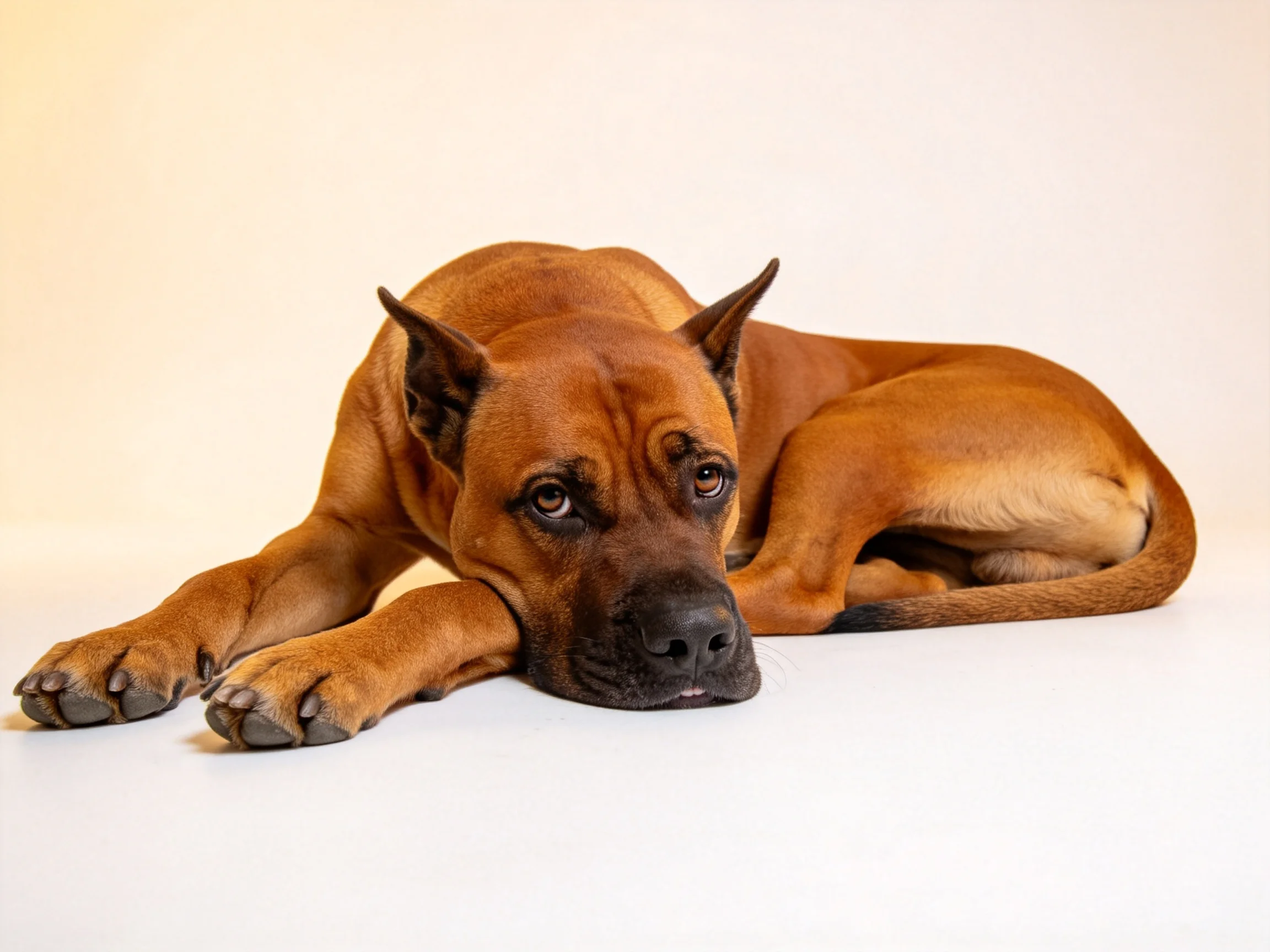 波尔布犬安静趴卧姿态,短而浓密的棕红色被毛覆盖全身,头部宽阔,眼神温和。