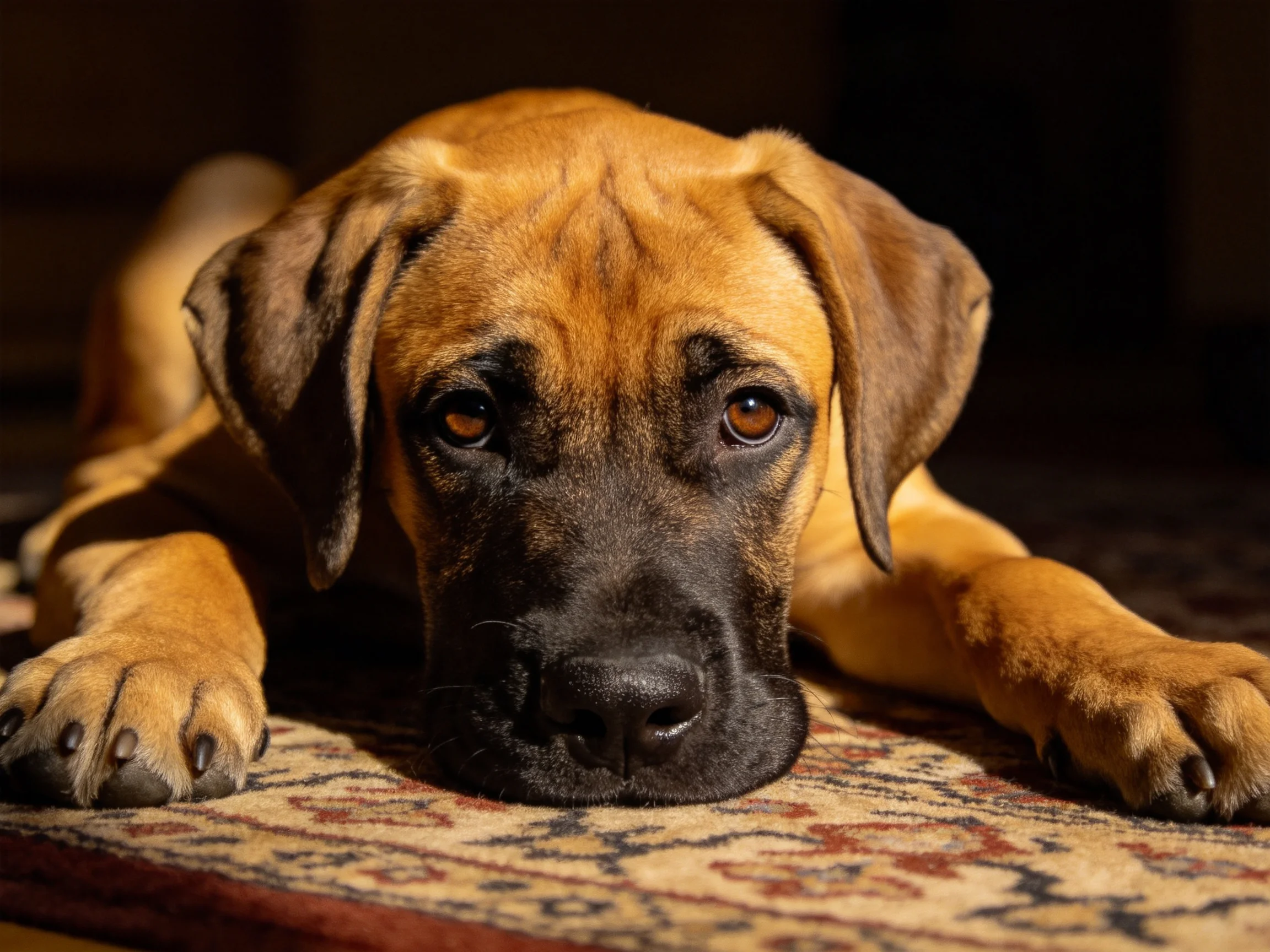 大丹犬幼犬趴在室内地毯上,浅棕色被毛带有明显深色面部斑纹。