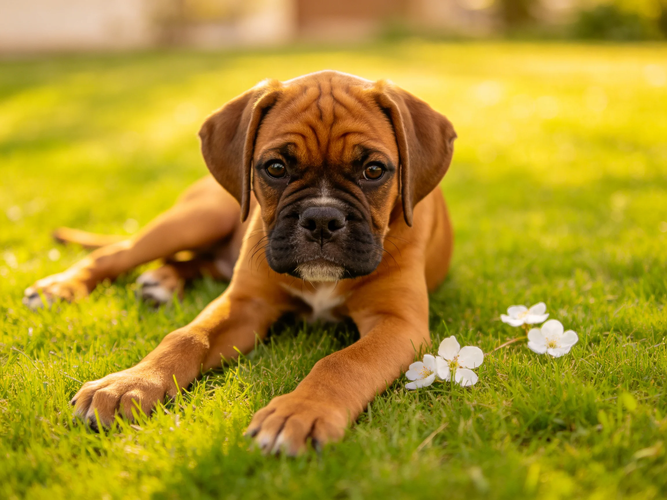 一只拳师犬安静趴卧在阳光下,棕褐色皮毛与绿色草地形成对比,身旁有几朵白色小花点缀。
