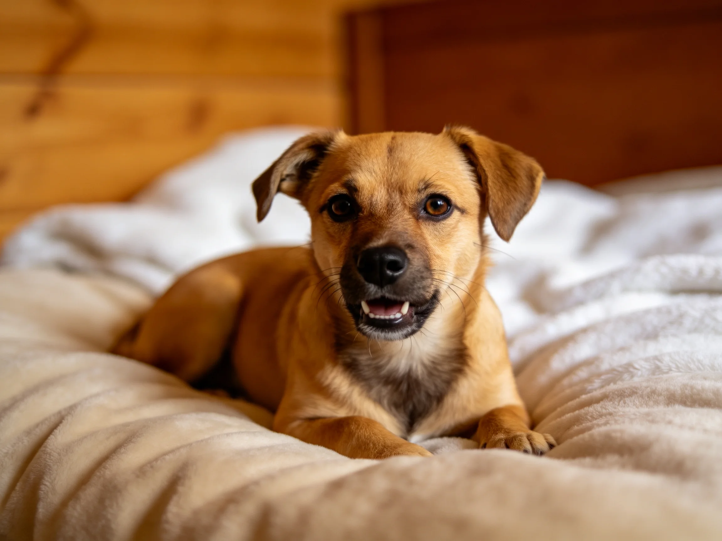 小型混种犬趴在柔软浅色软垫上,眼睛明亮,嘴巴微张露出白色牙齿。